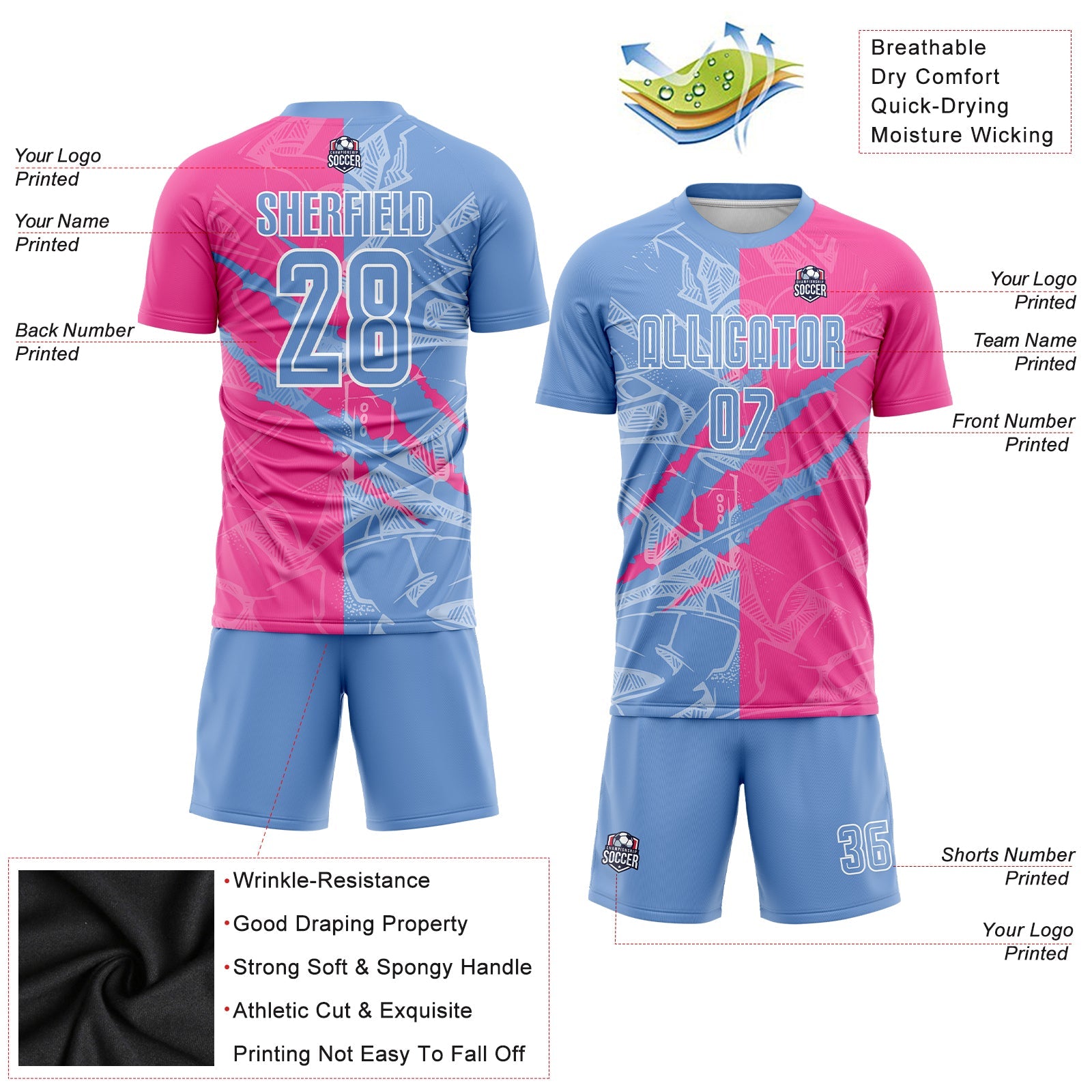 Custom Graffiti Pattern Light Blue-Pink Scratch Sublimation Soccer Uniform Jersey view 3