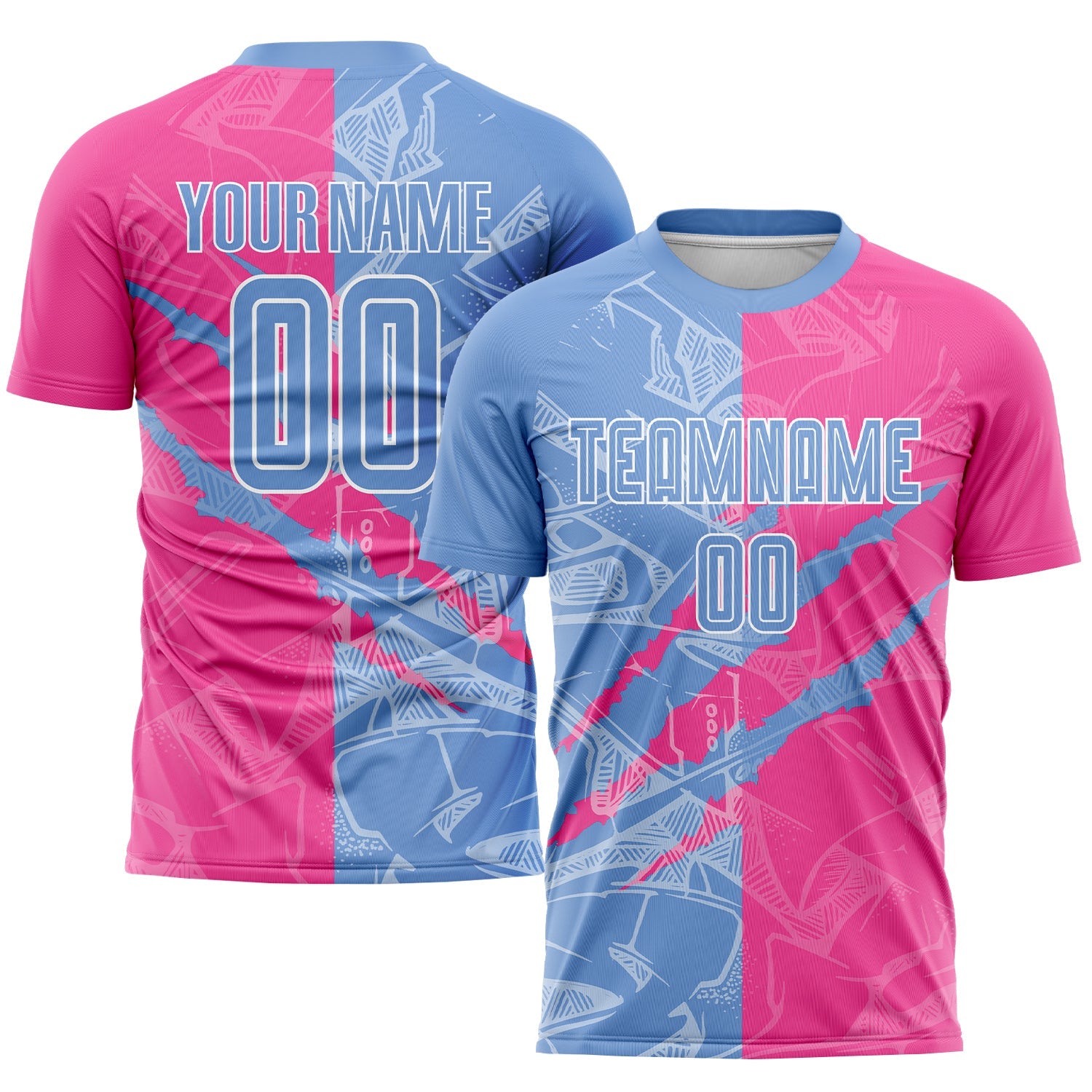 Custom Graffiti Pattern Light Blue-Pink Scratch Sublimation Soccer Uniform Jersey - Main View