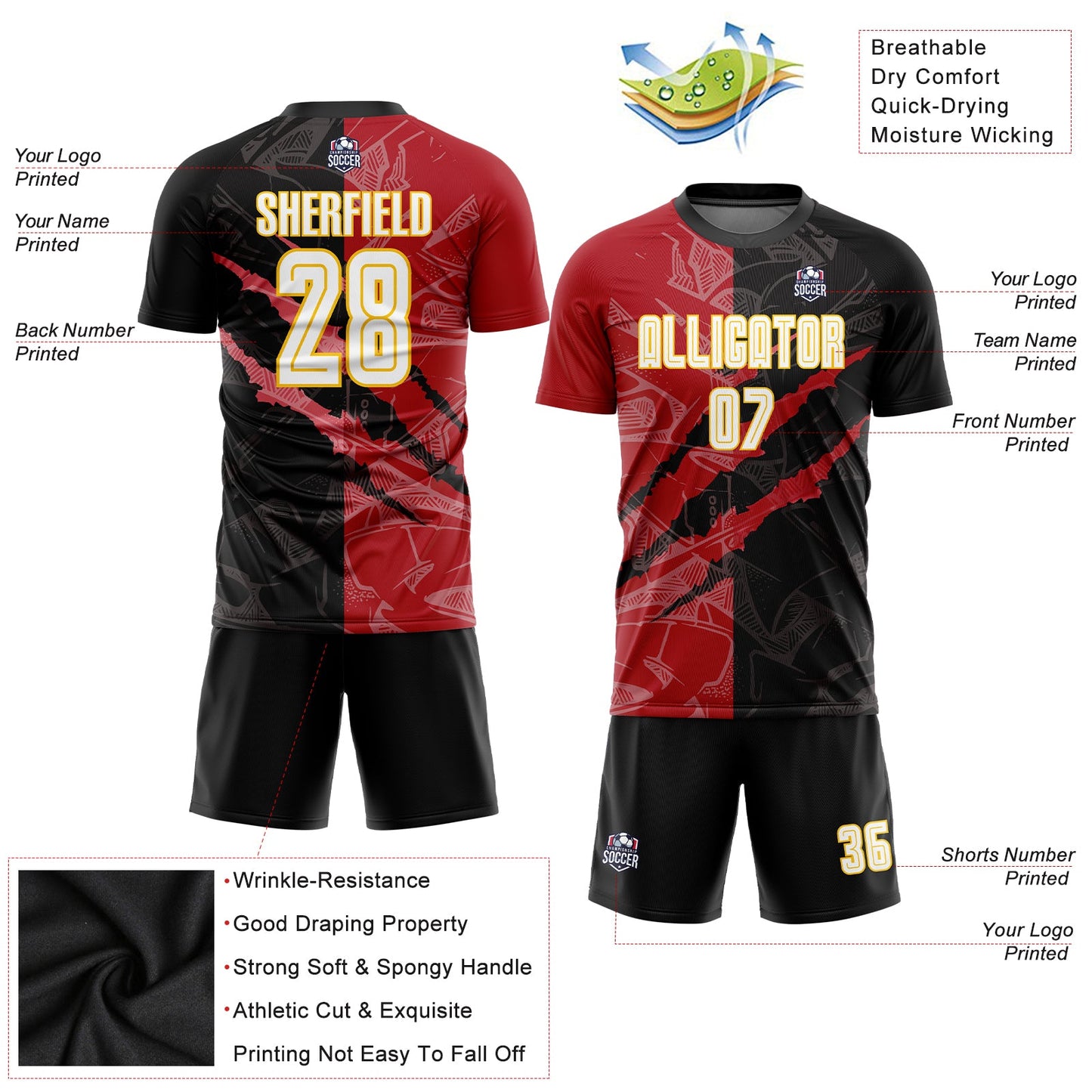 Custom Graffiti Pattern White Black Red-Yellow Scratch Sublimation Soccer Uniform Jersey view 3