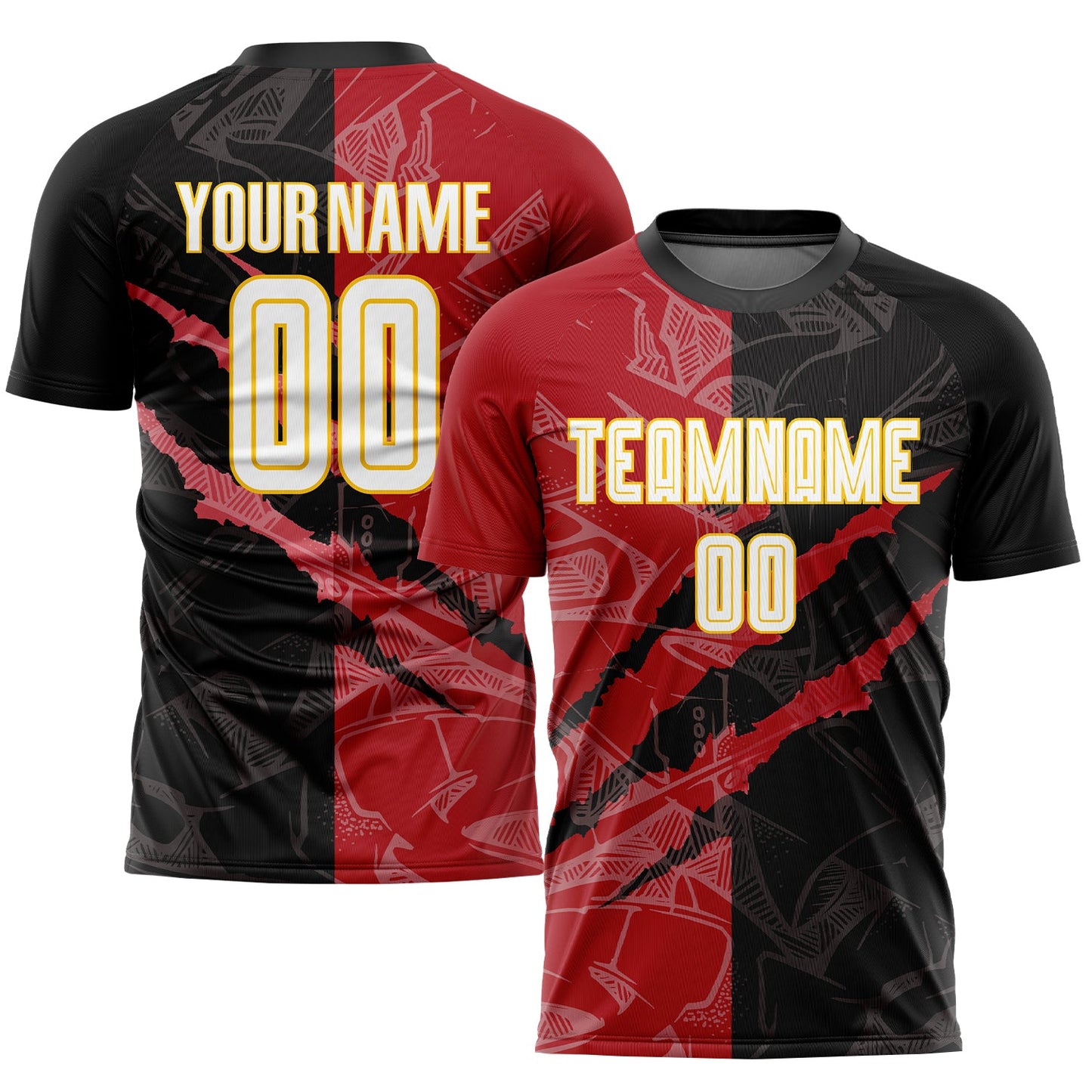 Custom Graffiti Pattern White Black Red-Yellow Scratch Sublimation Soccer Uniform Jersey - Main View