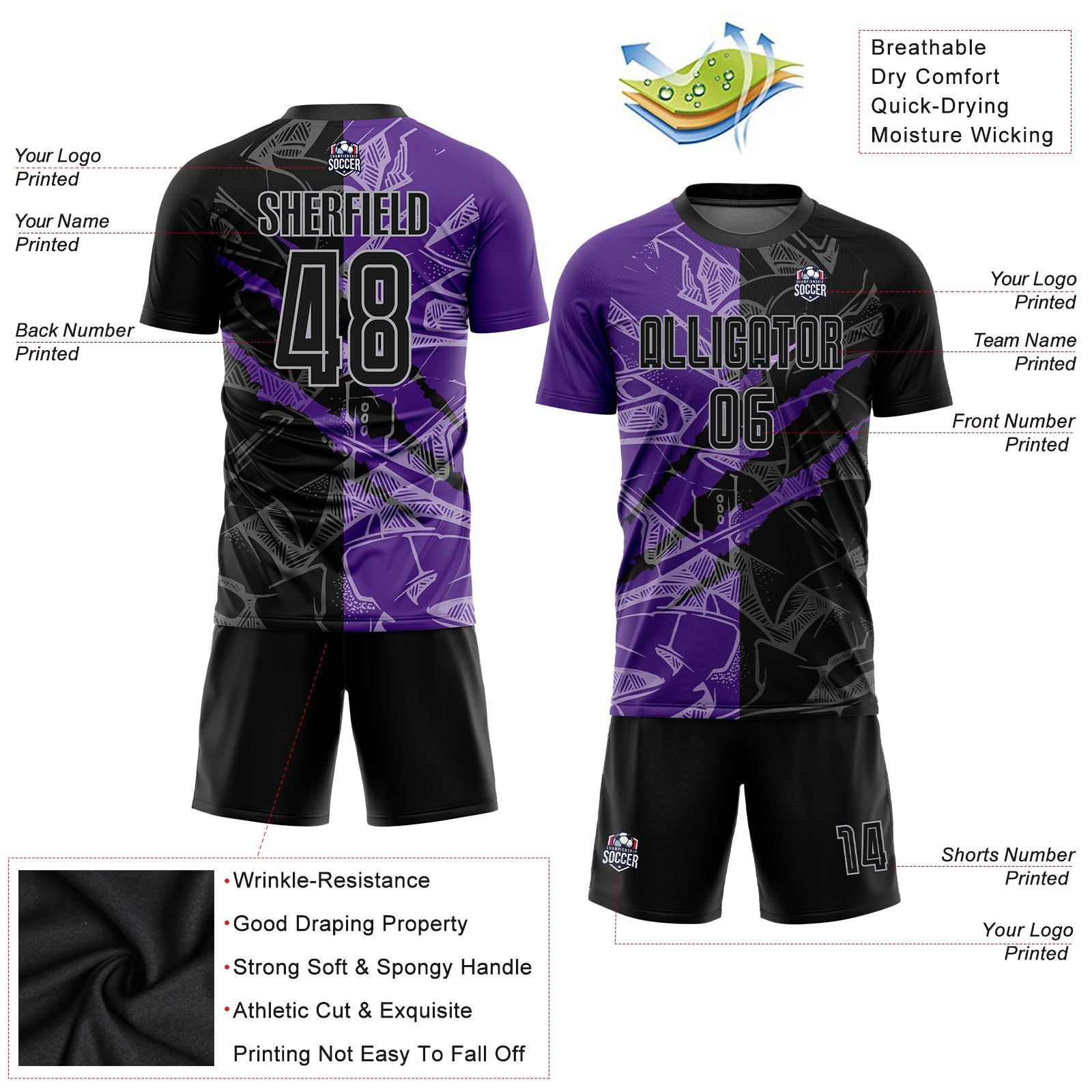 Custom Graffiti Pattern Black Purple-Gray Scratch Sublimation Soccer Uniform Jersey view 5
