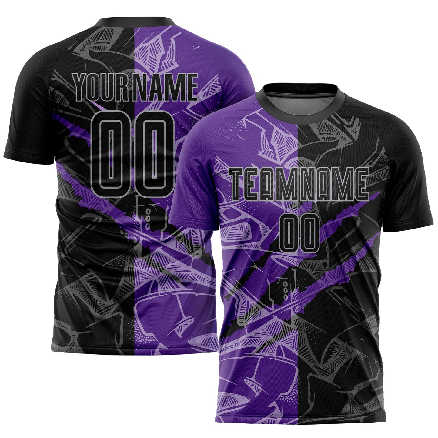 Custom Graffiti Pattern Black Purple-Gray Scratch Sublimation Soccer Uniform Jersey - Main View