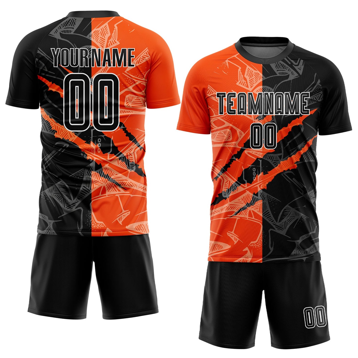 Custom Graffiti Pattern Black-Orange Scratch Sublimation Soccer Uniform Jersey view 2