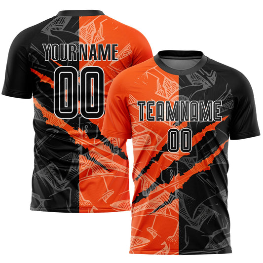 Custom Graffiti Pattern Black-Orange Scratch Sublimation Soccer Uniform Jersey - Main View