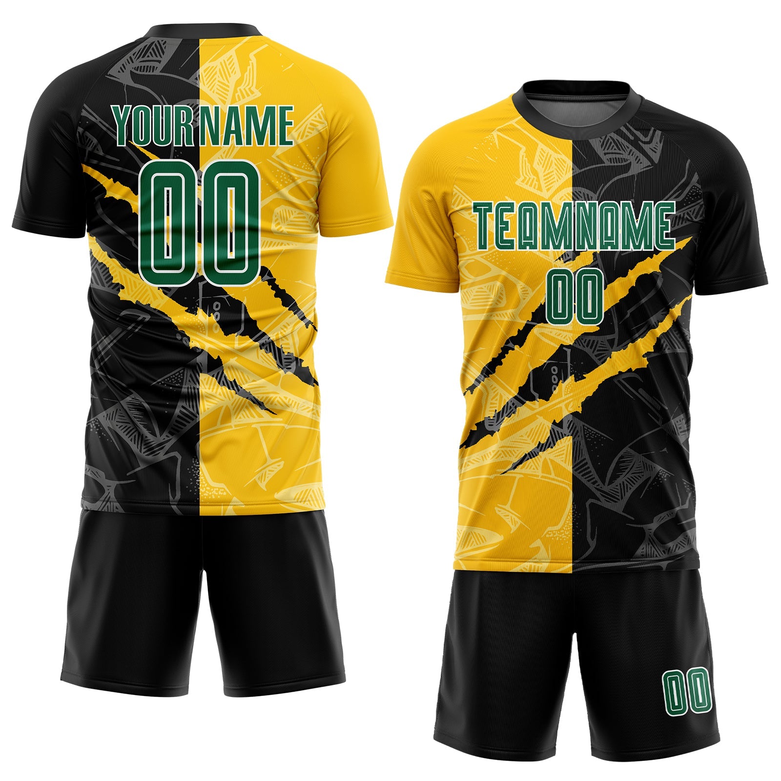 Custom Graffiti Pattern Kelly Green Black-Yellow Scratch Sublimation Soccer Uniform Jersey view 2