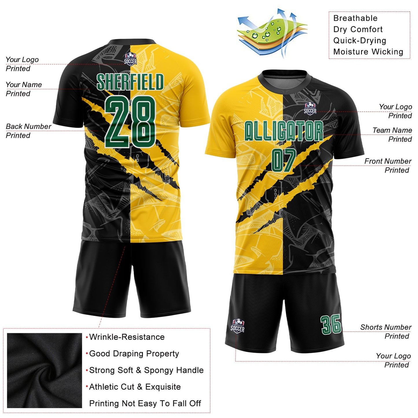 Custom Graffiti Pattern Kelly Green Black-Yellow Scratch Sublimation Soccer Uniform Jersey view 3