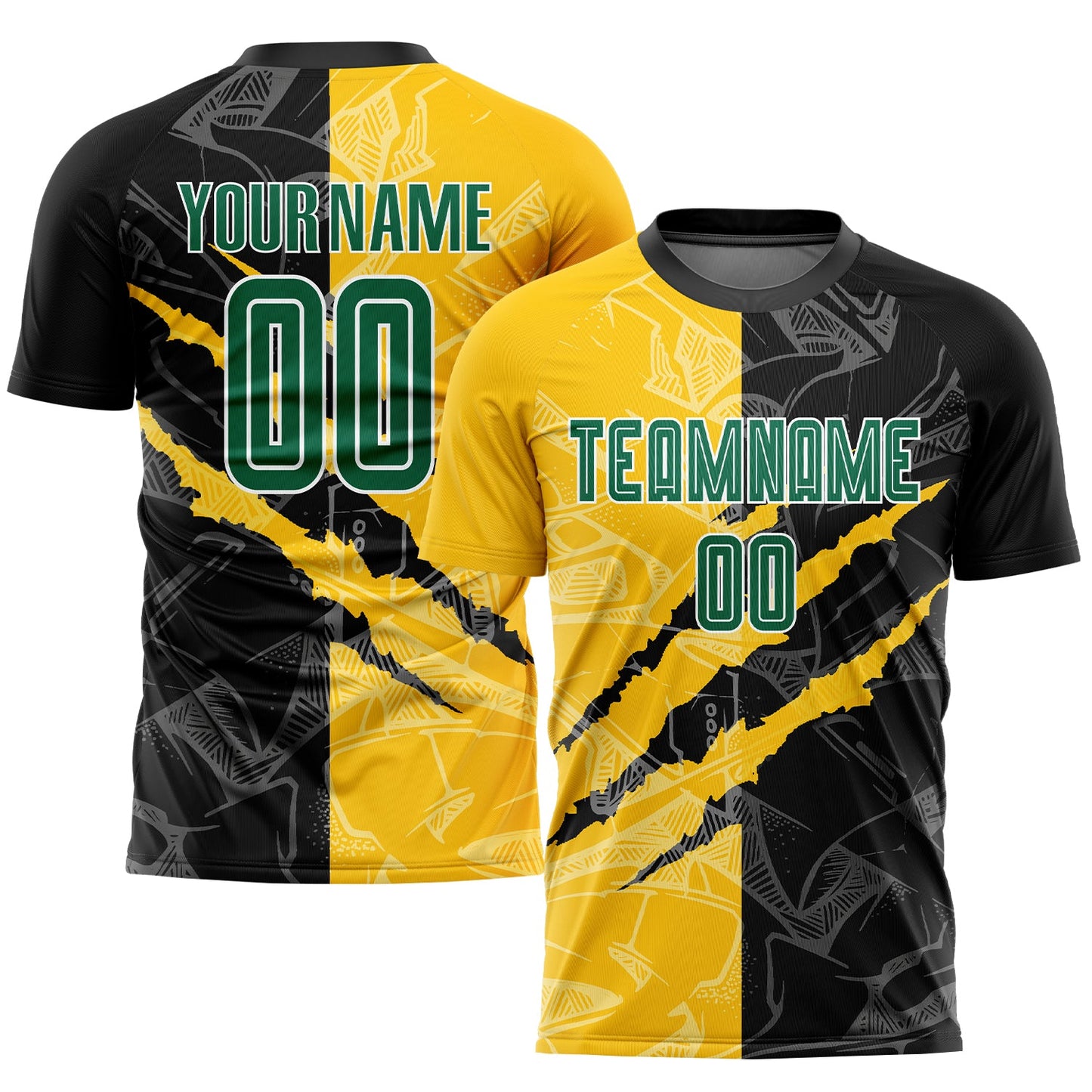 Custom Graffiti Pattern Kelly Green Black-Yellow Scratch Sublimation Soccer Uniform Jersey - Main View