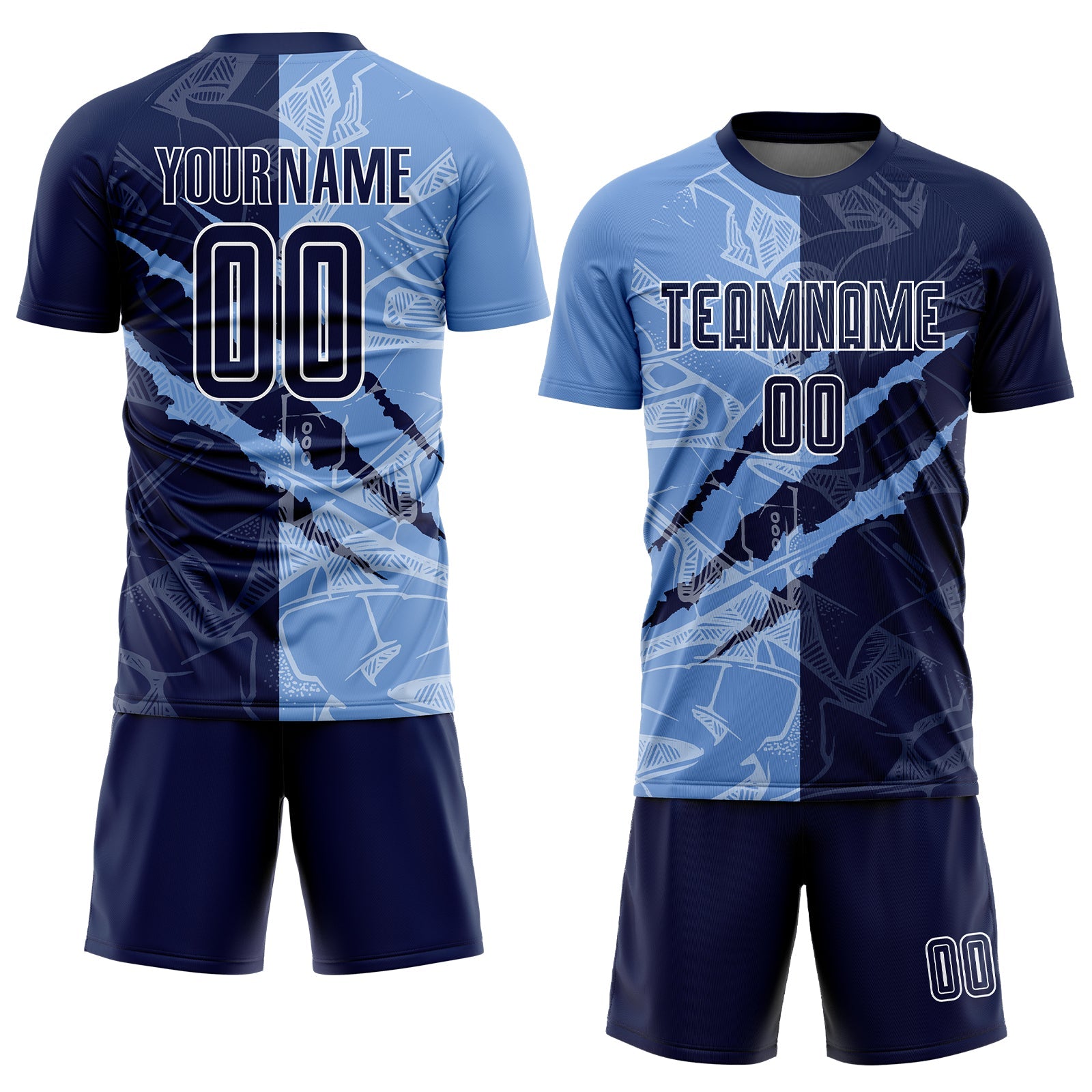 Custom Graffiti Pattern Navy-Light Blue Scratch Sublimation Soccer Uniform Jersey view 2