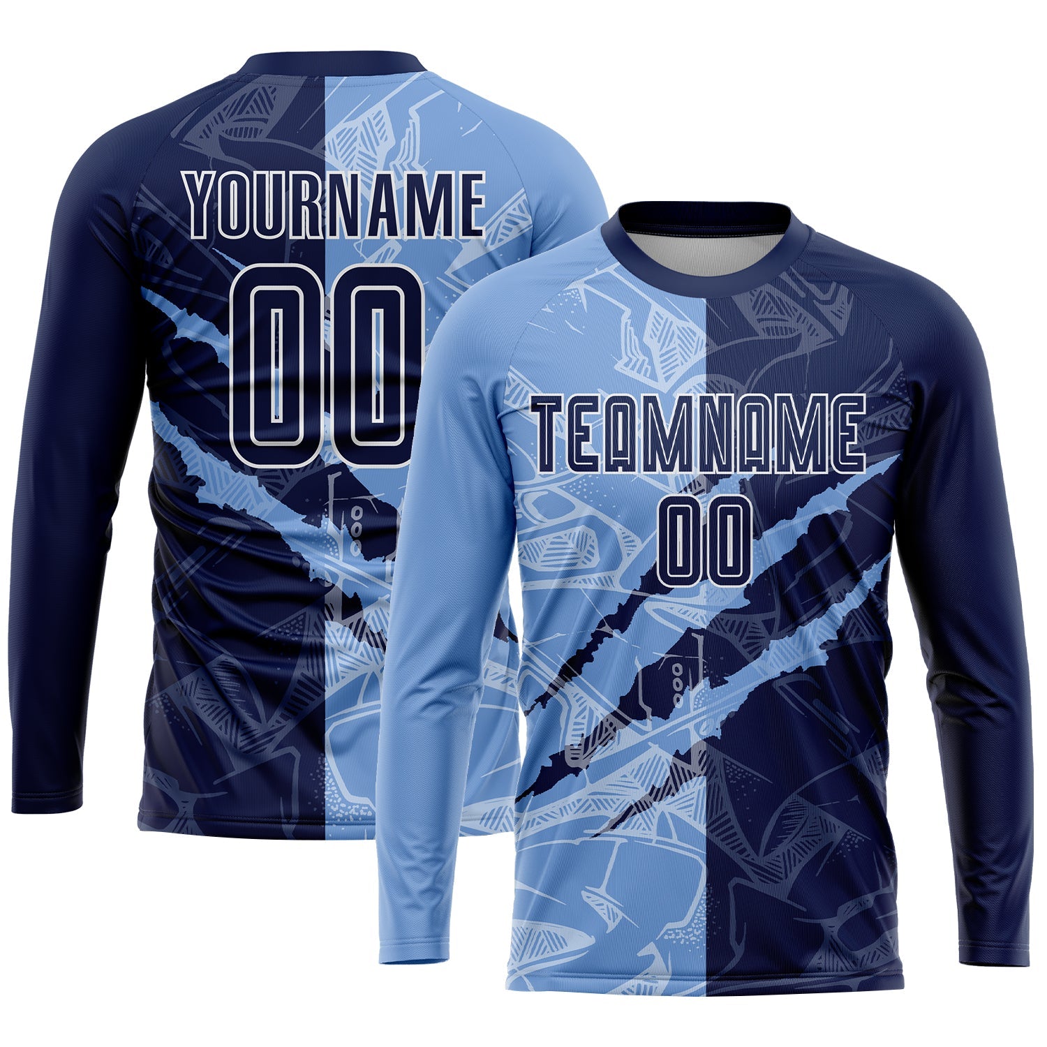 Custom Graffiti Pattern Navy-Light Blue Scratch Sublimation Soccer Uniform Jersey view 3