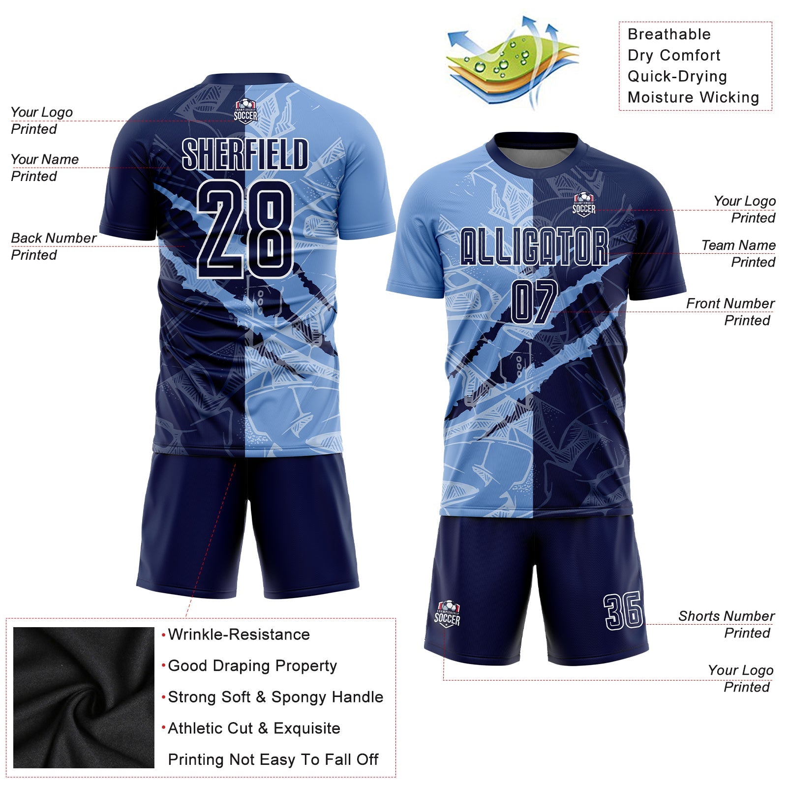 Custom Graffiti Pattern Navy-Light Blue Scratch Sublimation Soccer Uniform Jersey view 5