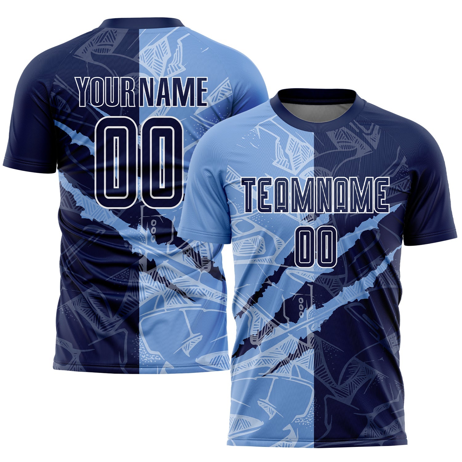 Custom Graffiti Pattern Navy-Light Blue Scratch Sublimation Soccer Uniform Jersey - Main View