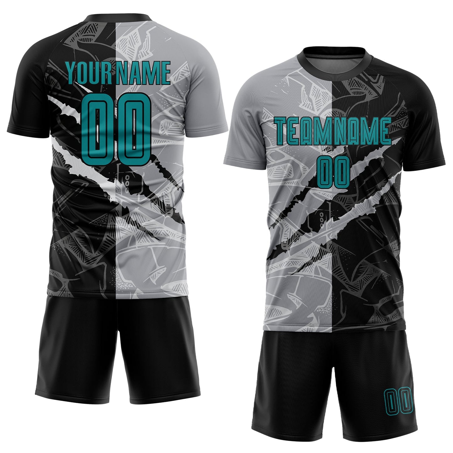 Custom Graffiti Pattern Teal Black-Gray Scratch Sublimation Soccer Uniform Jersey view 2