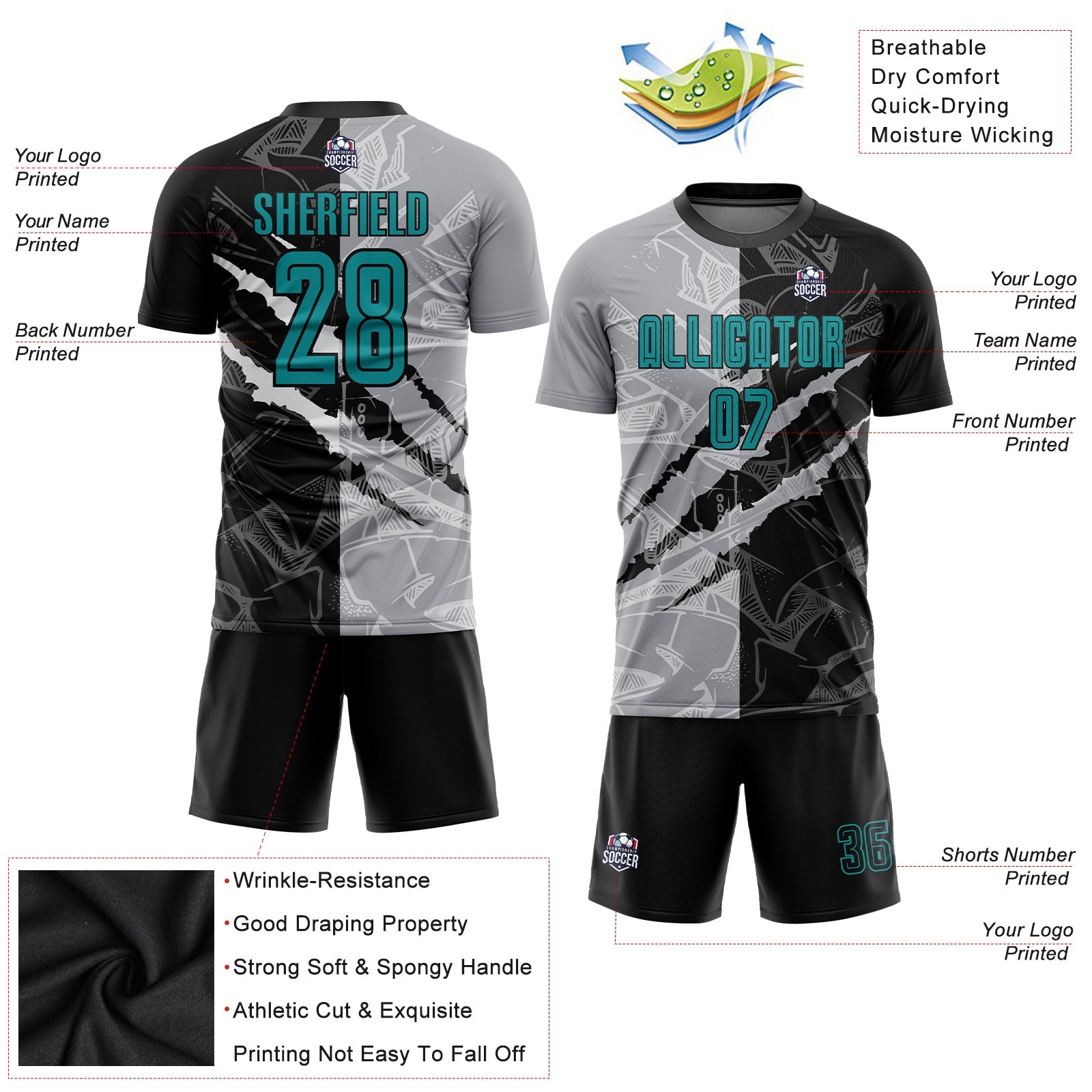 Custom Graffiti Pattern Teal Black-Gray Scratch Sublimation Soccer Uniform Jersey view 3