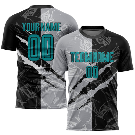 Custom Graffiti Pattern Teal Black-Gray Scratch Sublimation Soccer Uniform Jersey - Main View