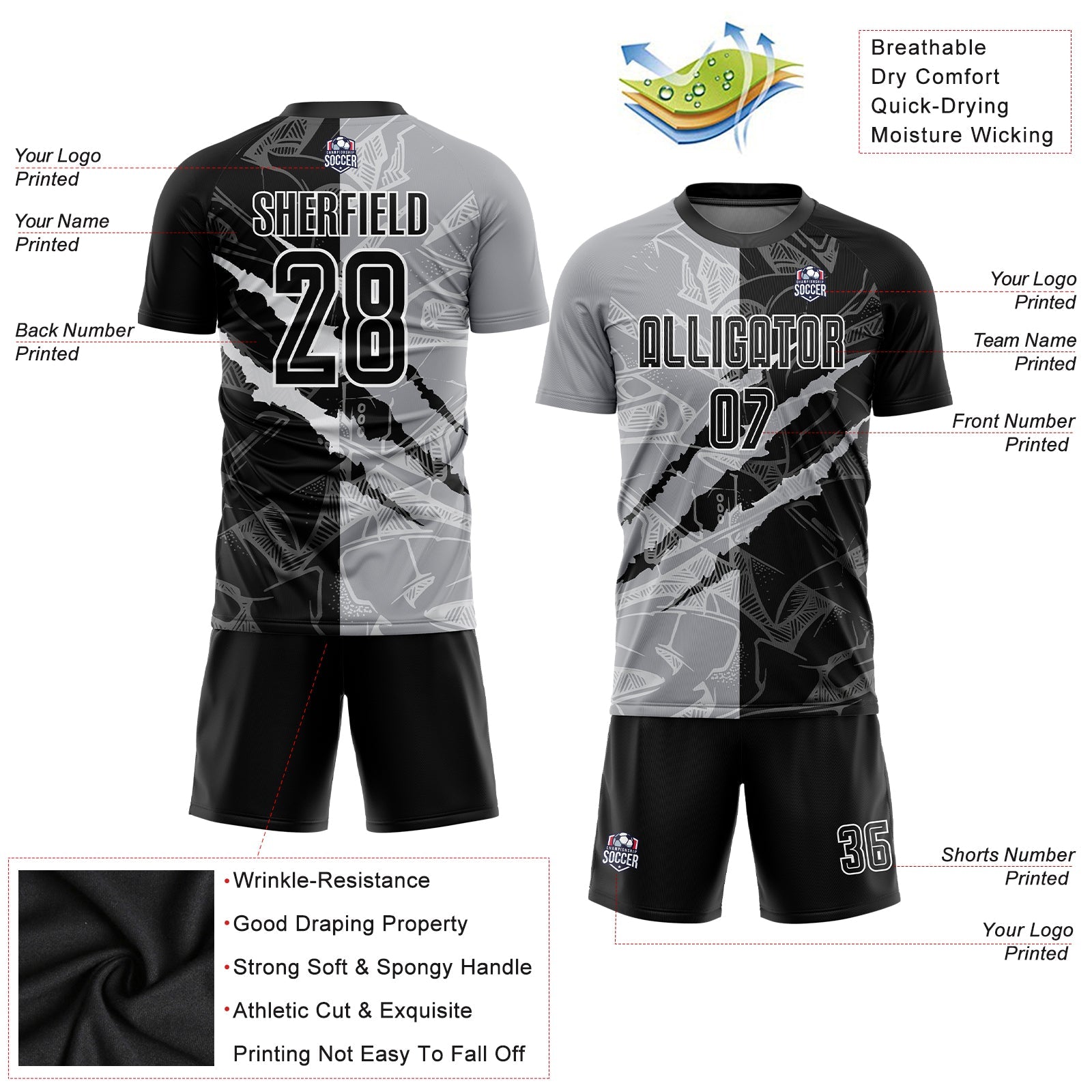 Custom Graffiti Pattern Black-Gray Scratch Sublimation Soccer Uniform Jersey view 3
