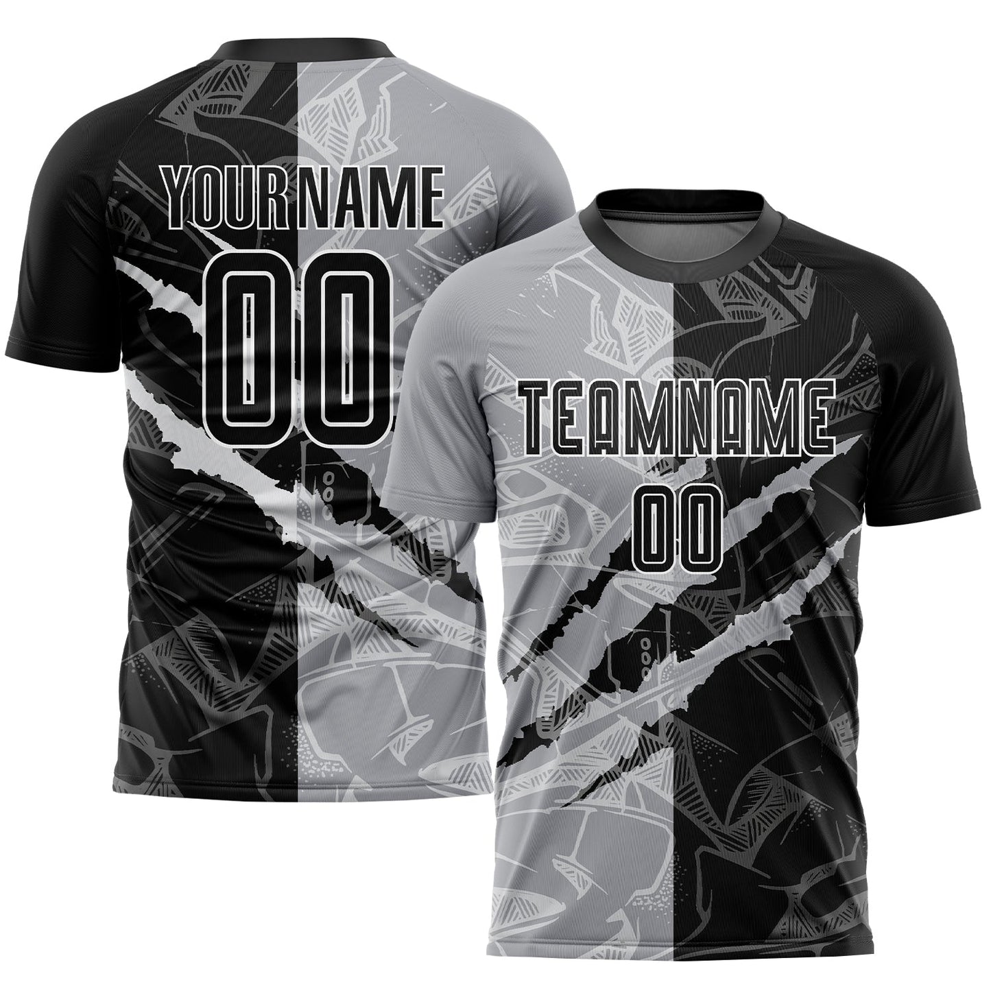 Custom Graffiti Pattern Black-Gray Scratch Sublimation Soccer Uniform Jersey - Main View