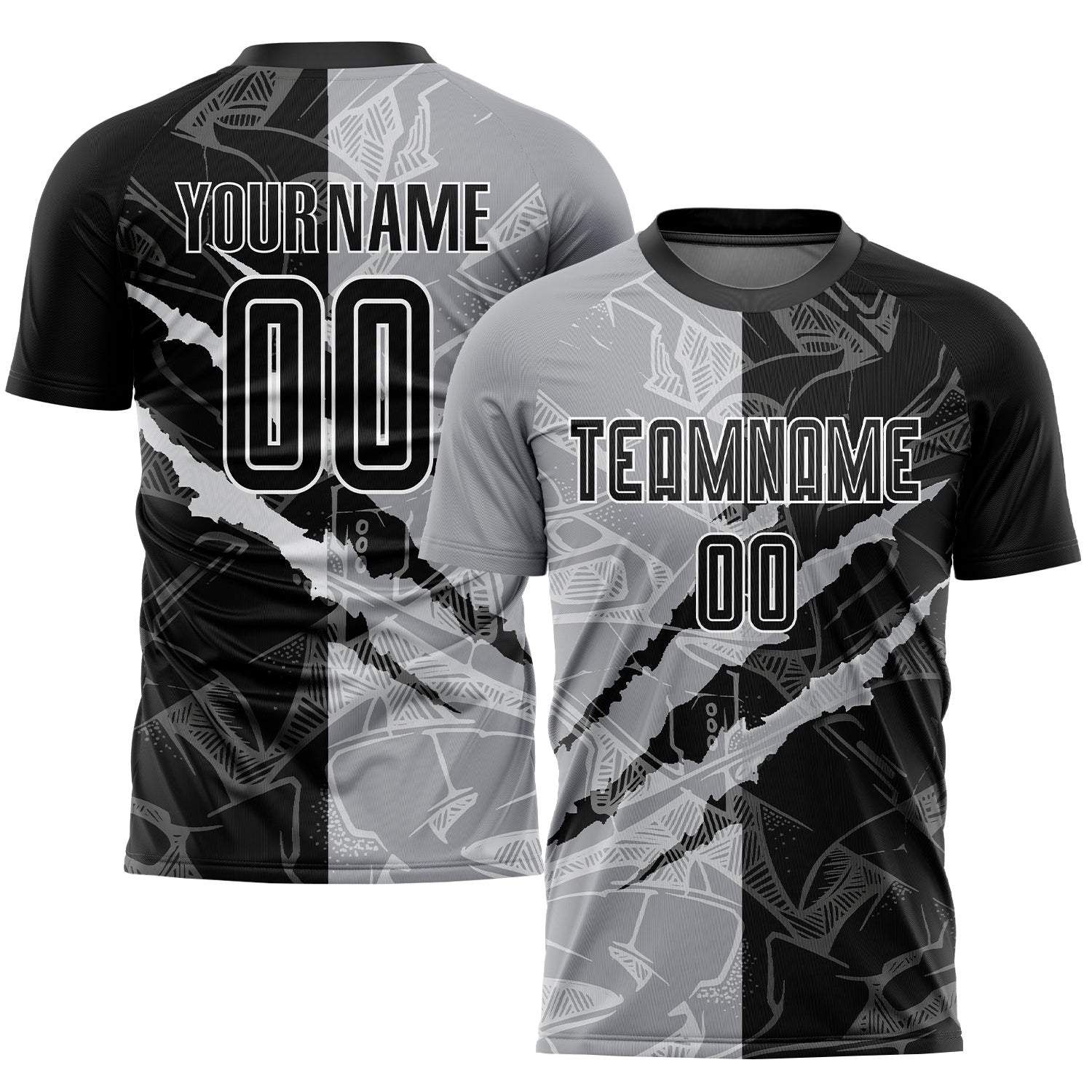Custom Graffiti Pattern Black-Gray Scratch Sublimation Soccer Uniform Jersey - Main View