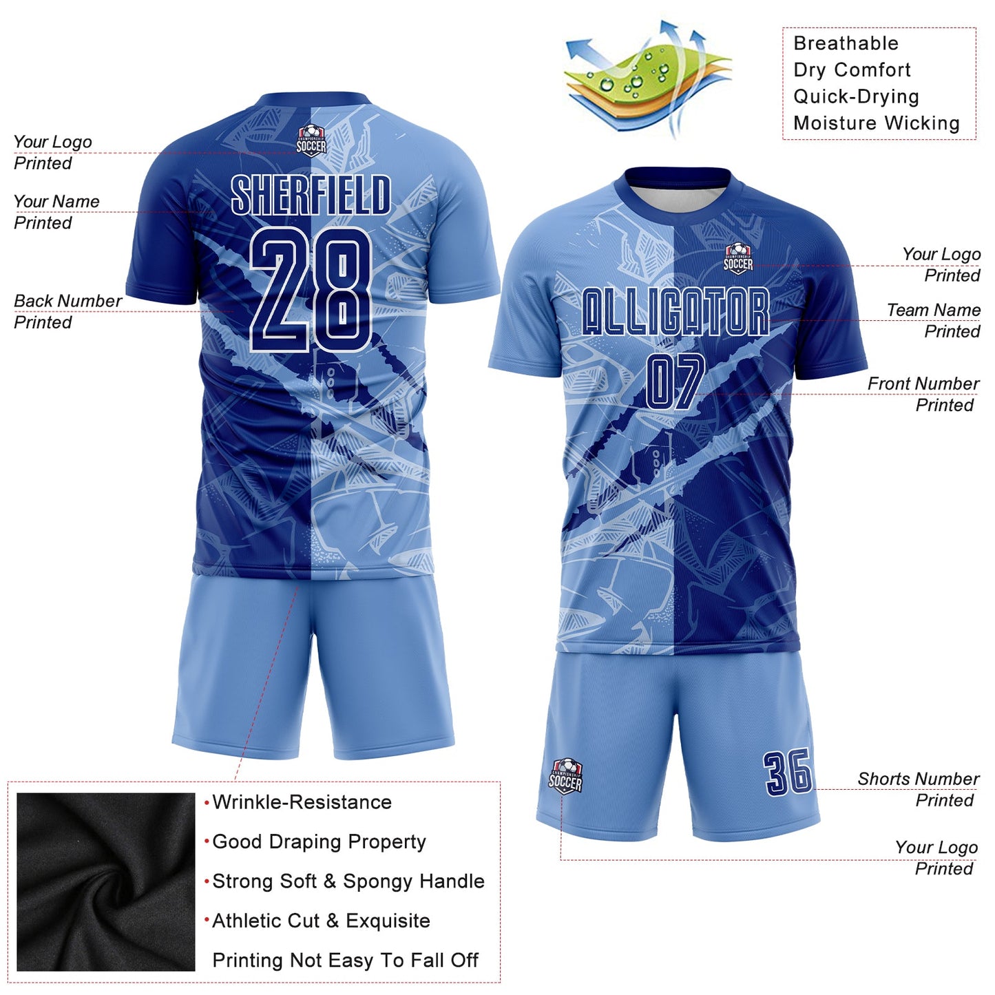 Custom Graffiti Pattern Royal-Light Blue Scratch Sublimation Soccer Uniform Jersey view 3