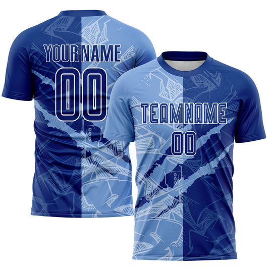 Custom Graffiti Pattern Royal-Light Blue Scratch Sublimation Soccer Uniform Jersey - Main View