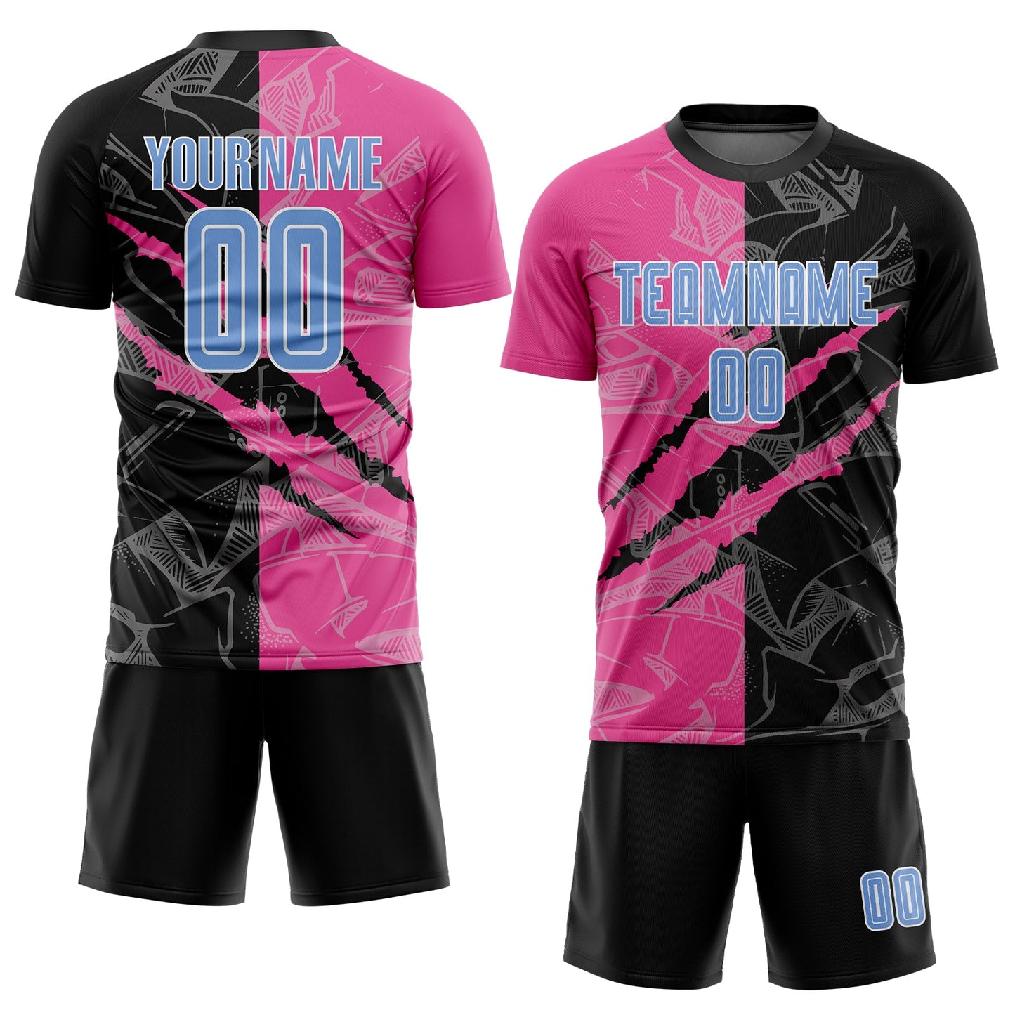Custom Graffiti Pattern Light Blue Black-Pink Scratch Sublimation Soccer Uniform Jersey view 2