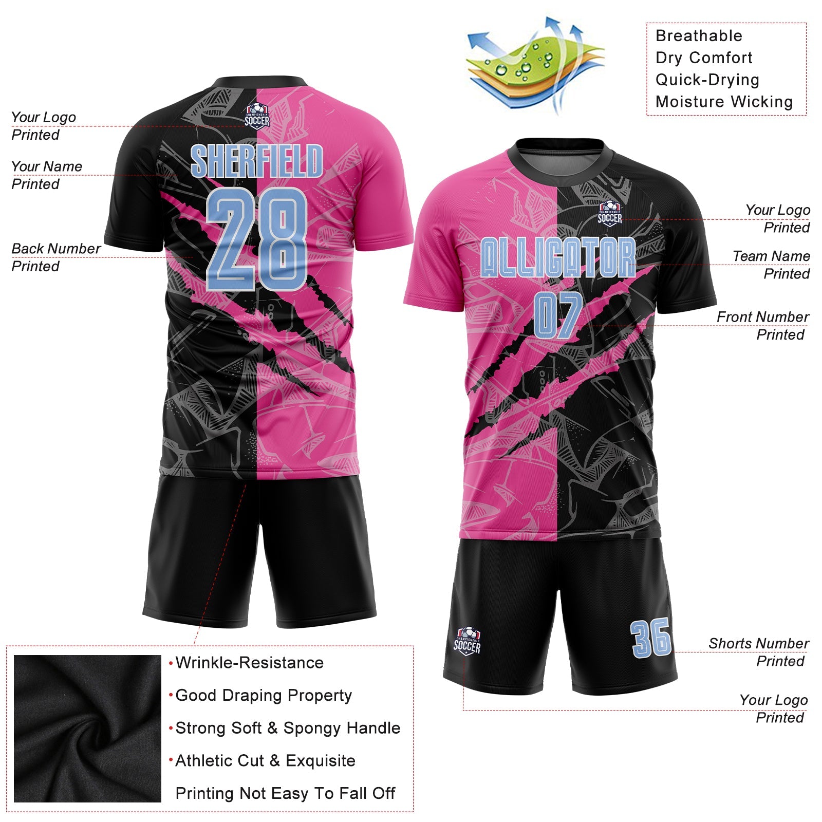 Custom Graffiti Pattern Light Blue Black-Pink Scratch Sublimation Soccer Uniform Jersey view 3