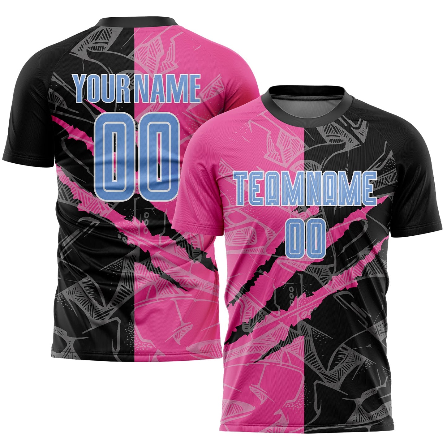 Custom Graffiti Pattern Light Blue Black-Pink Scratch Sublimation Soccer Uniform Jersey - Main View