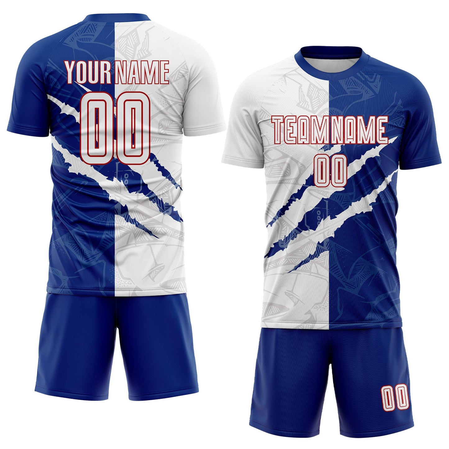 Custom Graffiti Pattern White Royal-Red Scratch Sublimation Soccer Uniform Jersey view 2