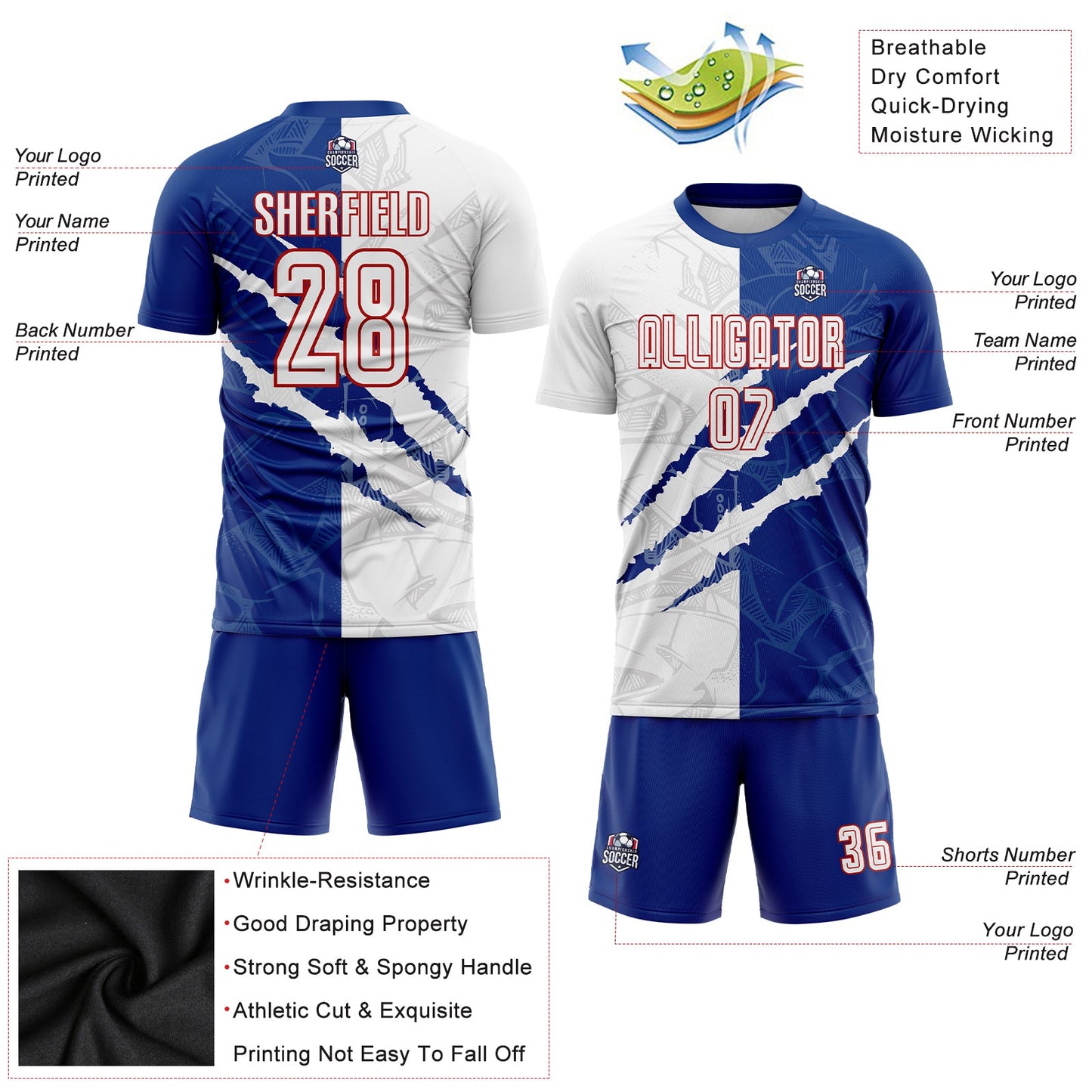 Custom Graffiti Pattern White Royal-Red Scratch Sublimation Soccer Uniform Jersey view 5
