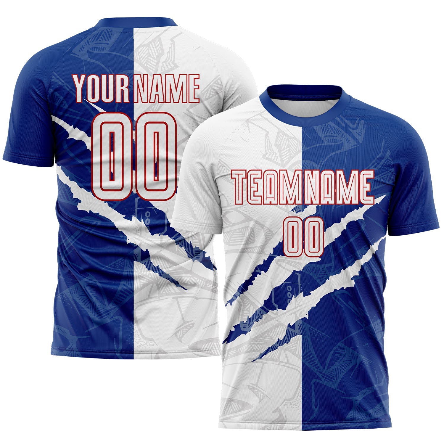 Custom Graffiti Pattern White Royal-Red Scratch Sublimation Soccer Uniform Jersey - Main View