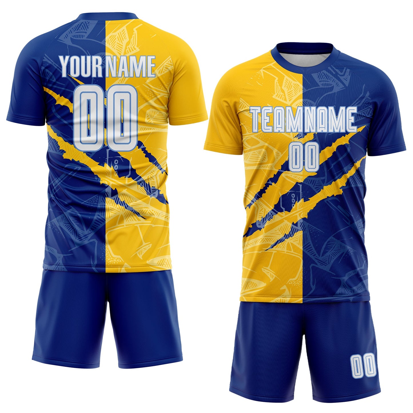Custom Graffiti Pattern White Royal Yellow-Light Blue Scratch Sublimation Soccer Uniform Jersey view 2