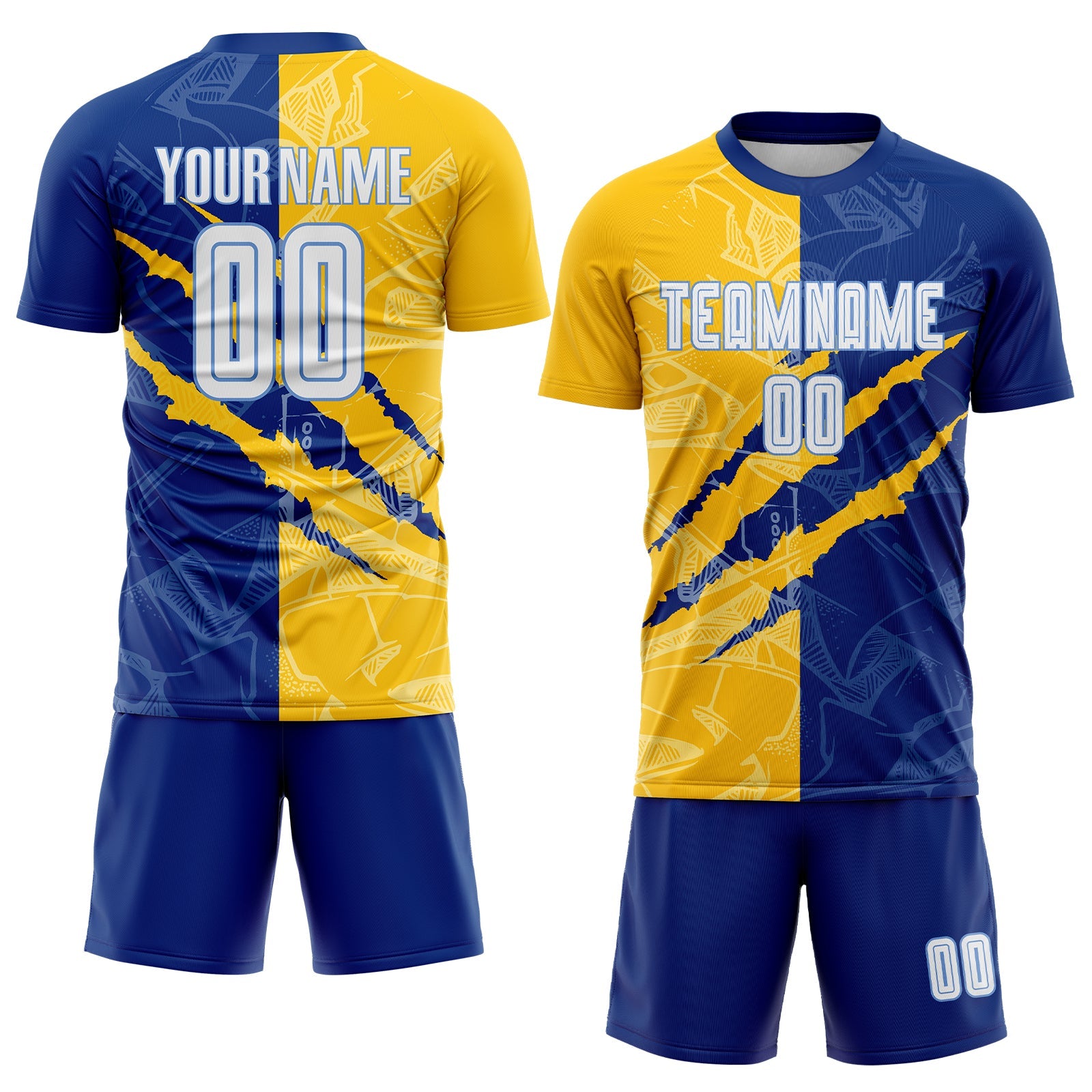 Custom Graffiti Pattern White Royal Yellow-Light Blue Scratch Sublimation Soccer Uniform Jersey view 2