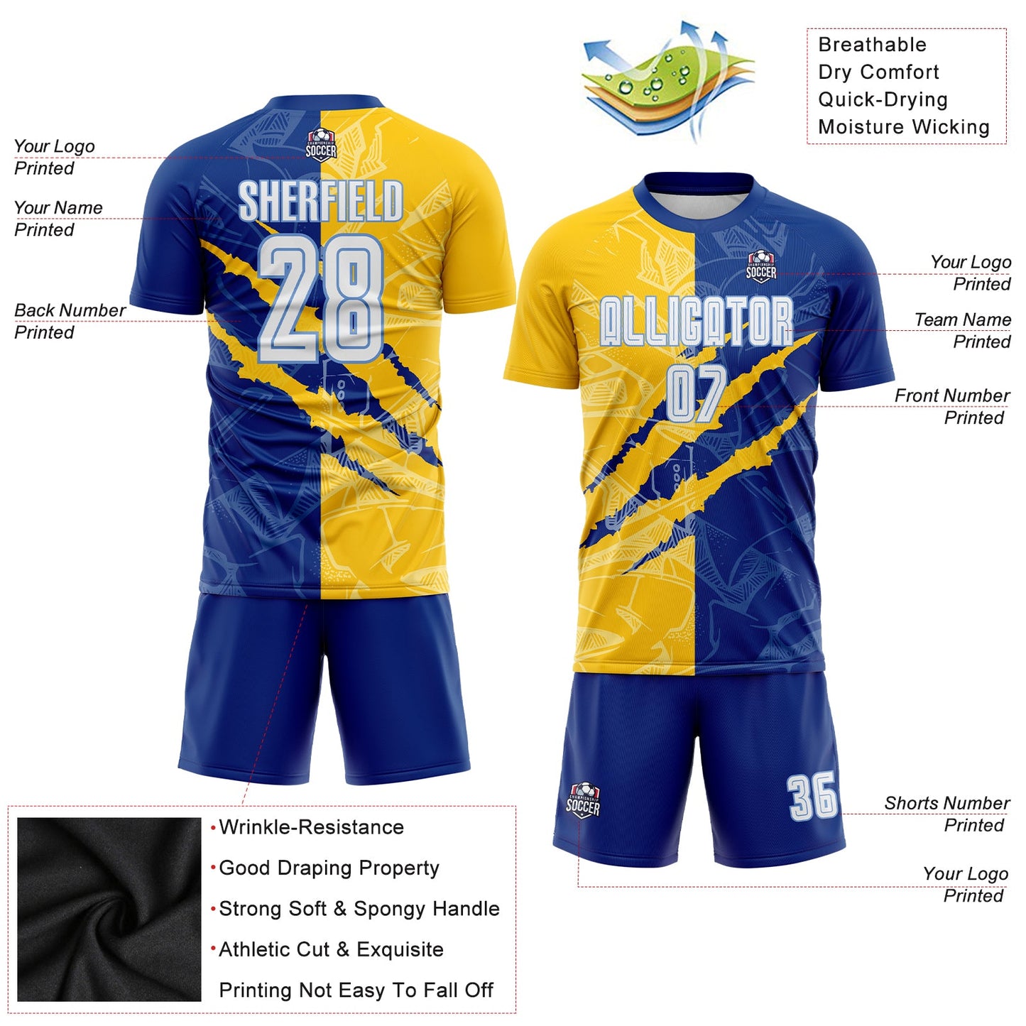 Custom Graffiti Pattern White Royal Yellow-Light Blue Scratch Sublimation Soccer Uniform Jersey view 3