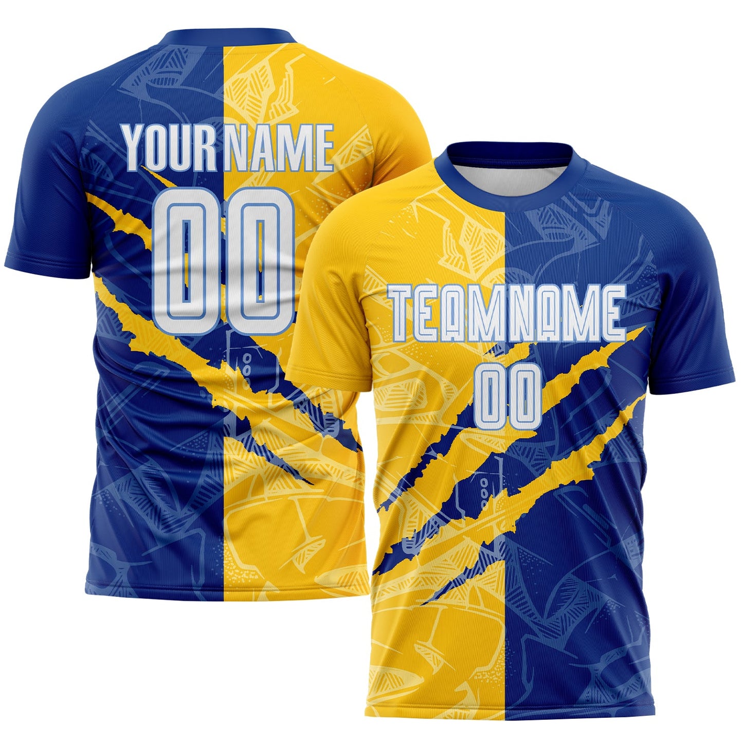 Custom Graffiti Pattern White Royal Yellow-Light Blue Scratch Sublimation Soccer Uniform Jersey - Main View
