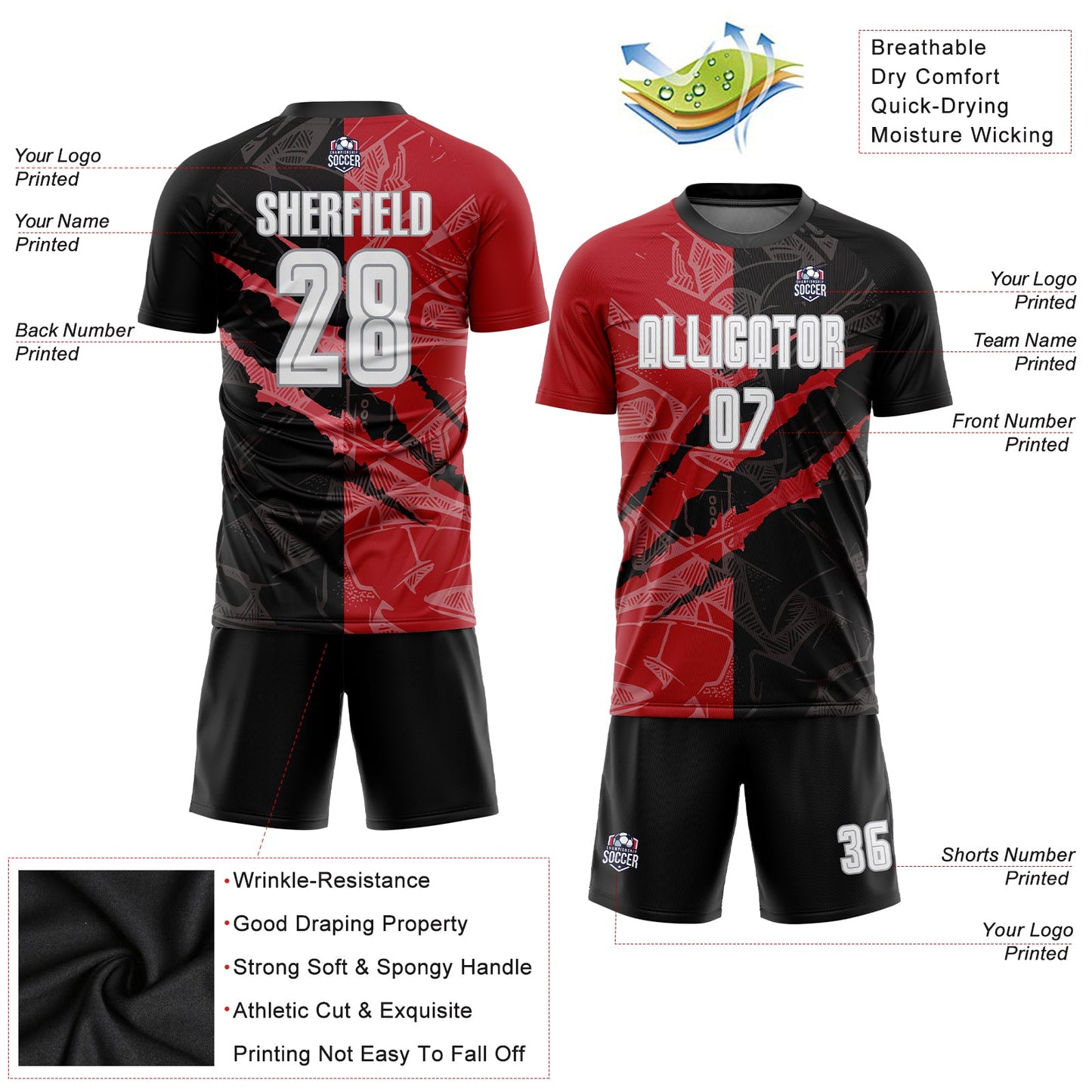 Custom Graffiti Pattern White Black Red-Gray Scratch Sublimation Soccer Uniform Jersey view 3