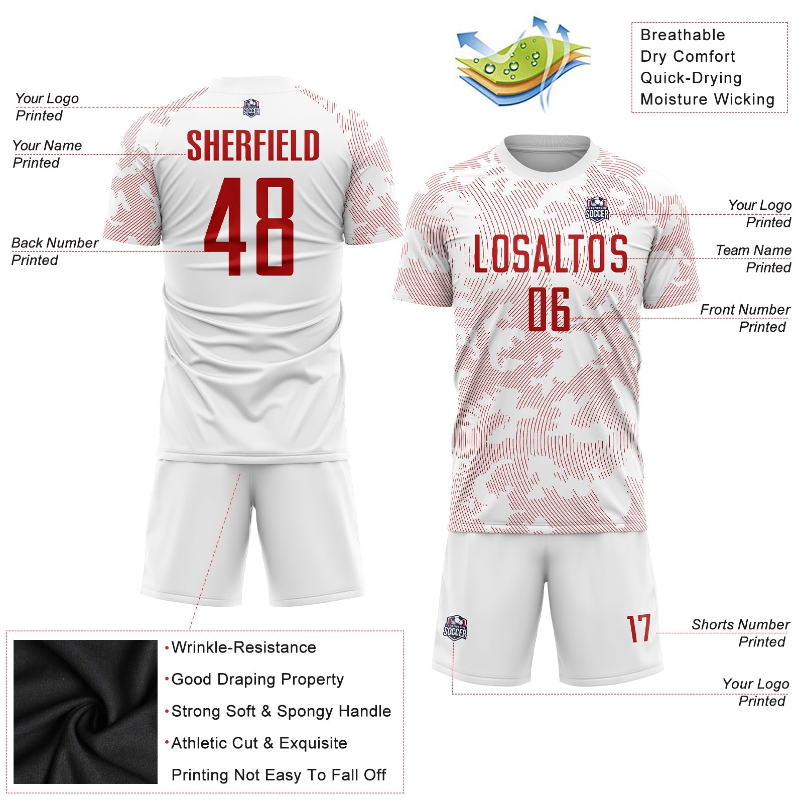 Custom White Red Sublimation Soccer Uniform Jersey view 3