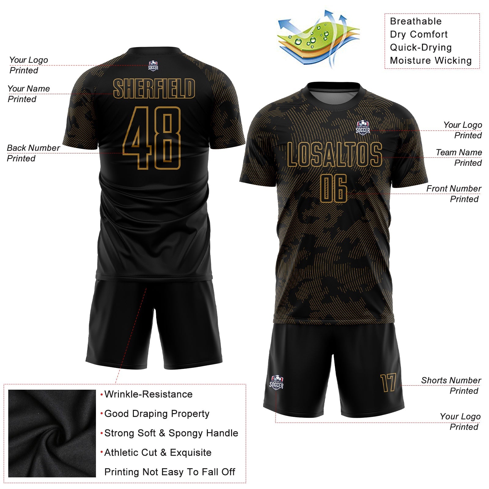 Custom Black Old Gold Sublimation Soccer Uniform Jersey view 3