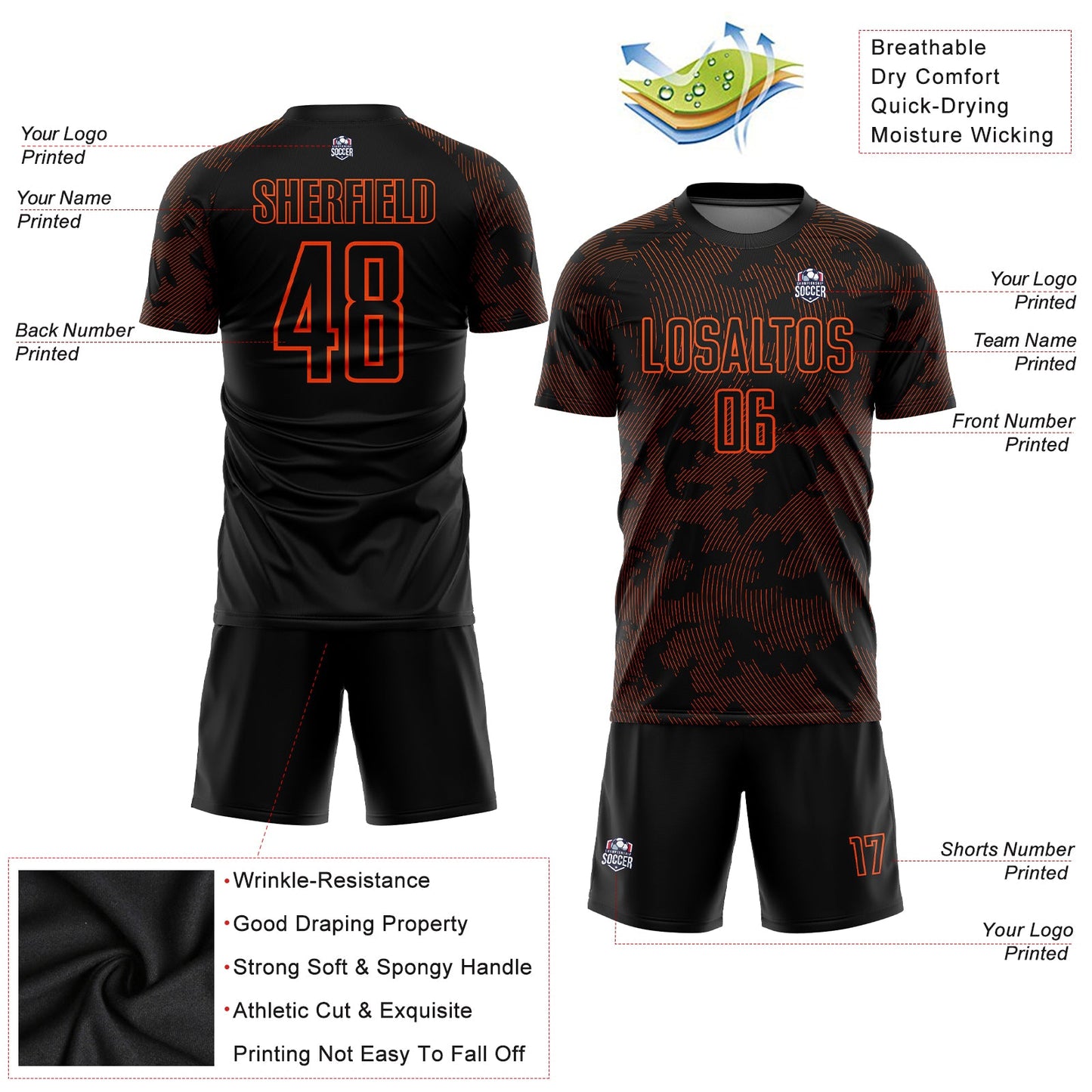 Custom Black Orange Sublimation Soccer Uniform Jersey view 3