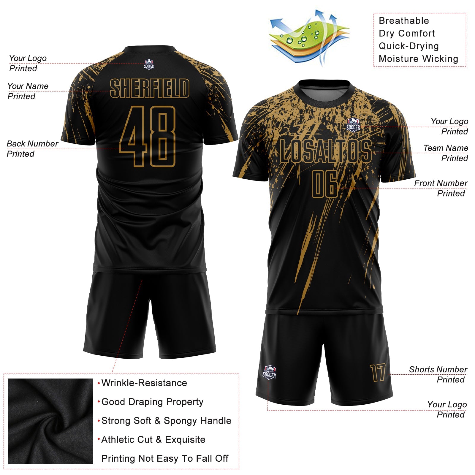 Custom Black Old Gold Sublimation Soccer Uniform Jersey view 3