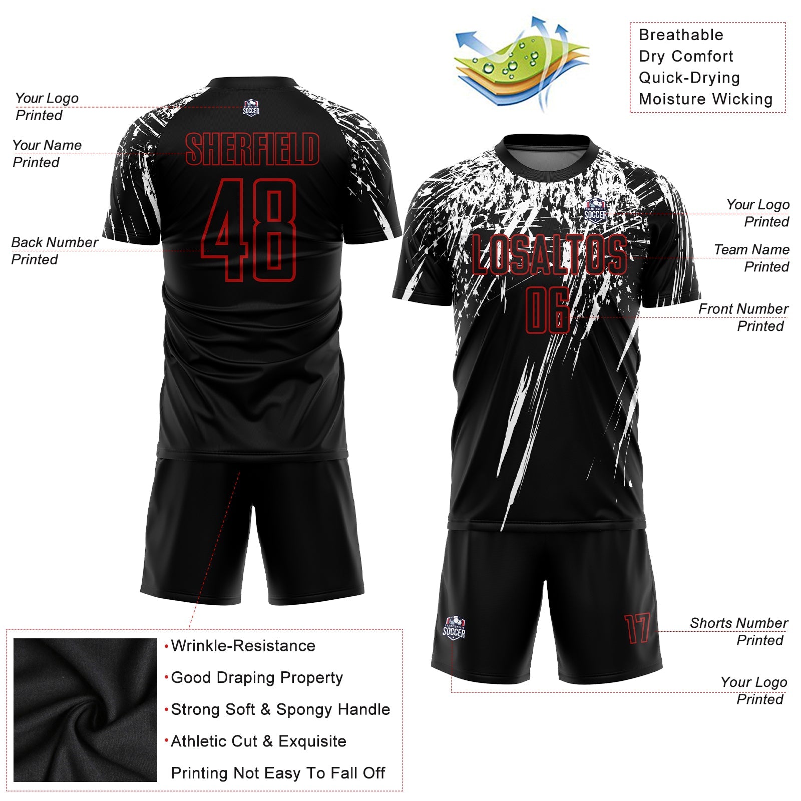 Custom Black Red-White Sublimation Soccer Uniform Jersey view 3