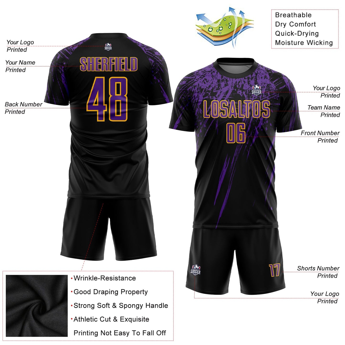Custom Black Purple-Gold Sublimation Soccer Uniform Jersey view 3