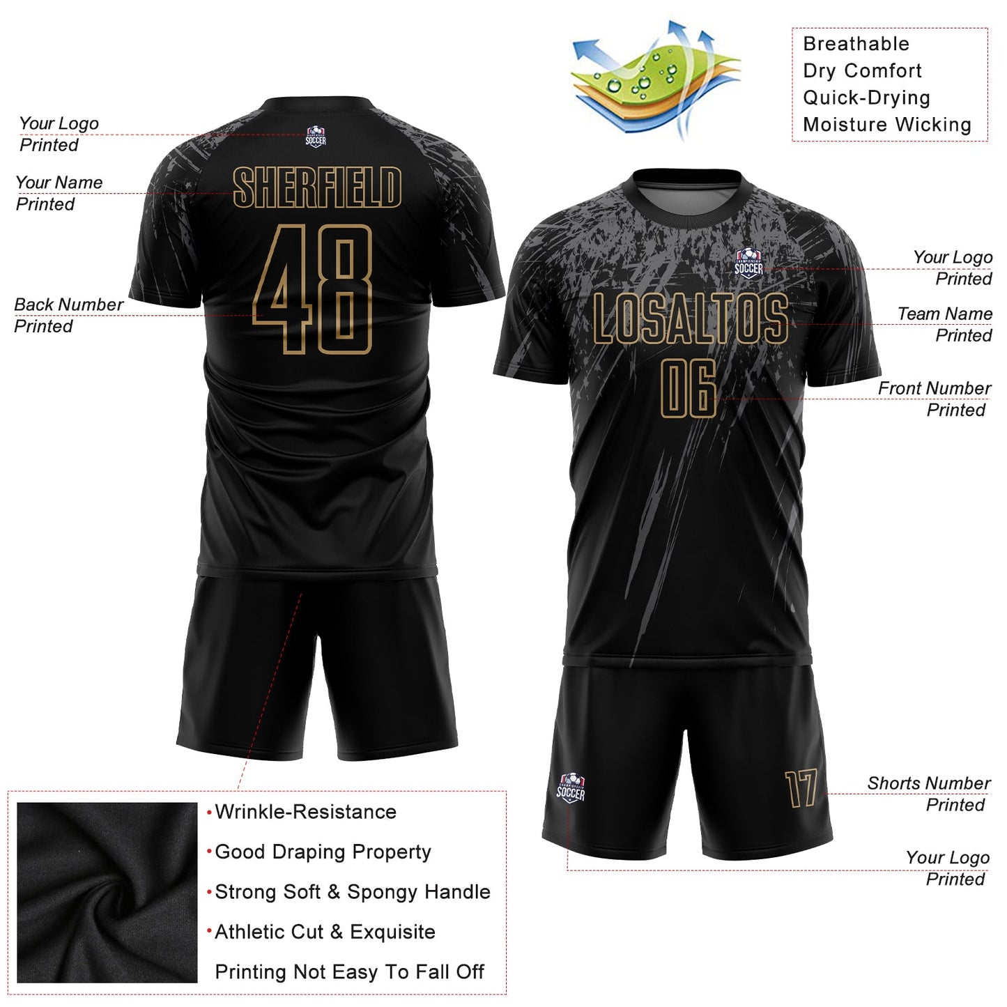 Custom Black Old Gold-Gray Sublimation Soccer Uniform Jersey view 3