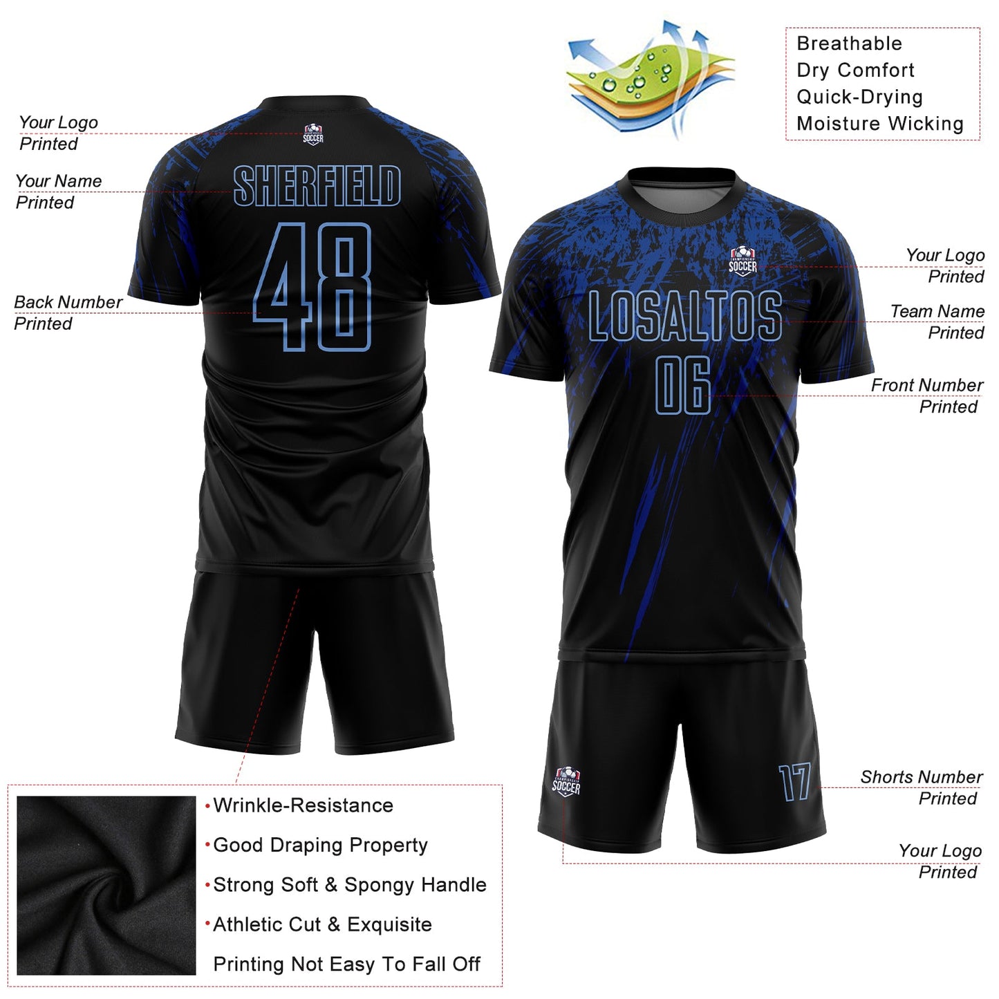 Custom Black Light Blue-Royal Sublimation Soccer Uniform Jersey view 3