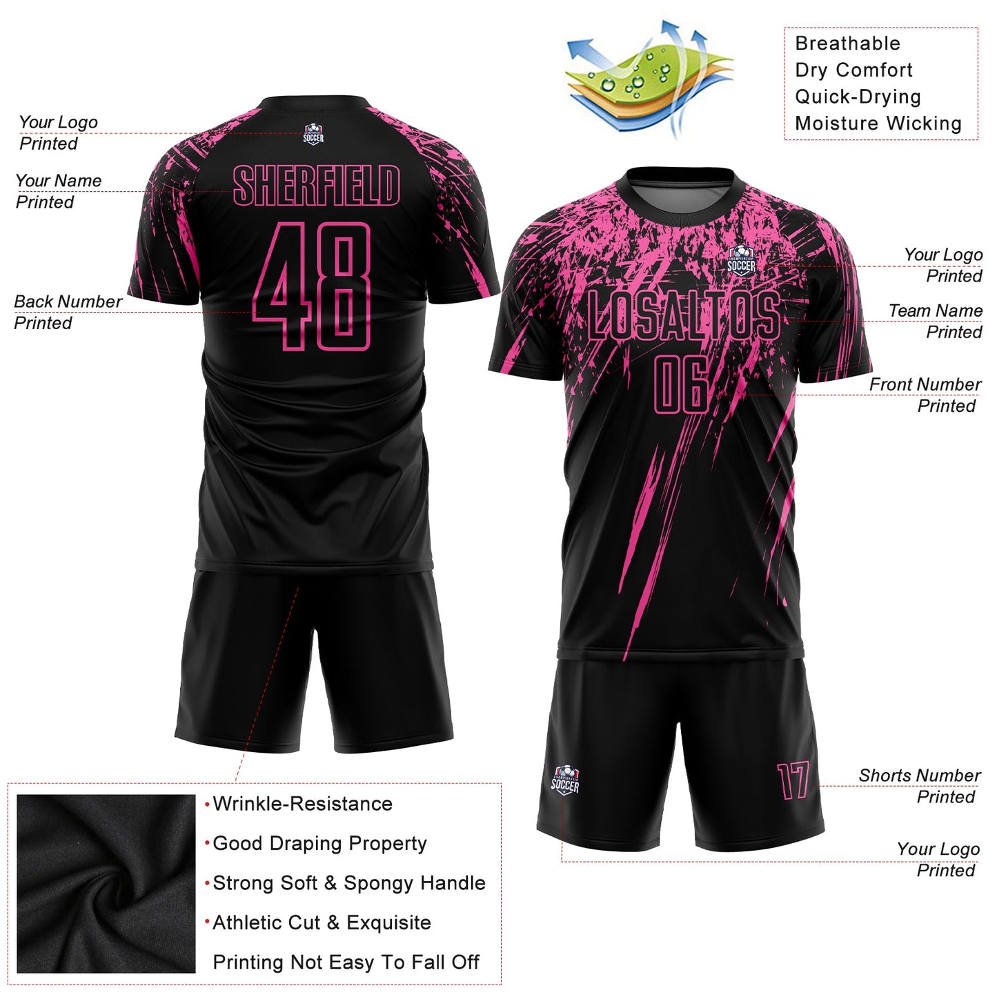 Custom Black Pink Sublimation Soccer Uniform Jersey view 5