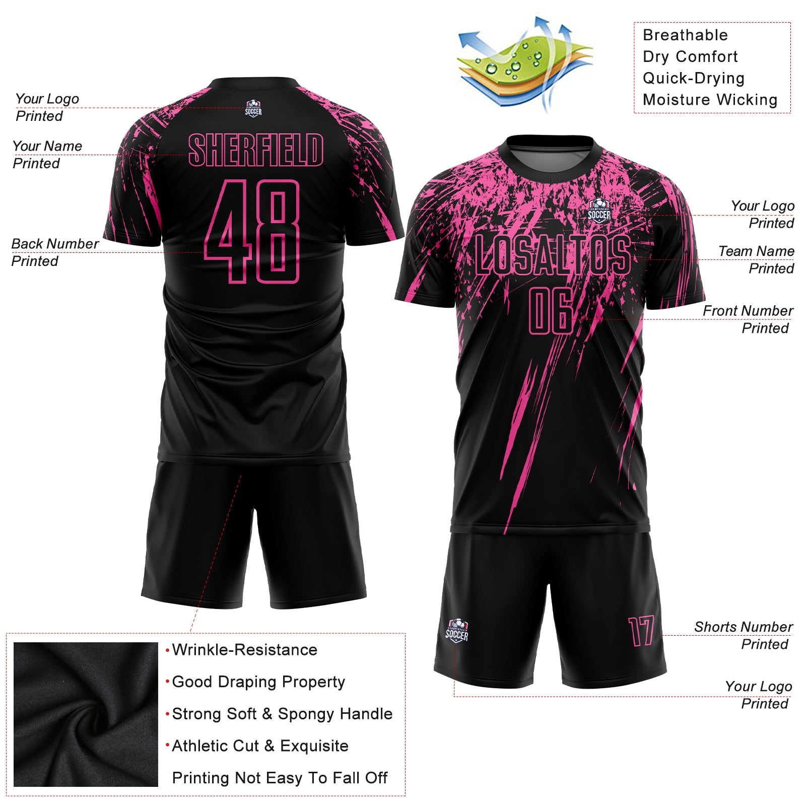 Custom Black Pink Sublimation Soccer Uniform Jersey view 5