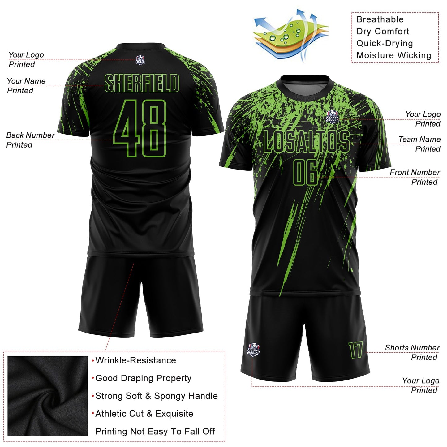 Custom Black Neon Green Sublimation Soccer Uniform Jersey view 3