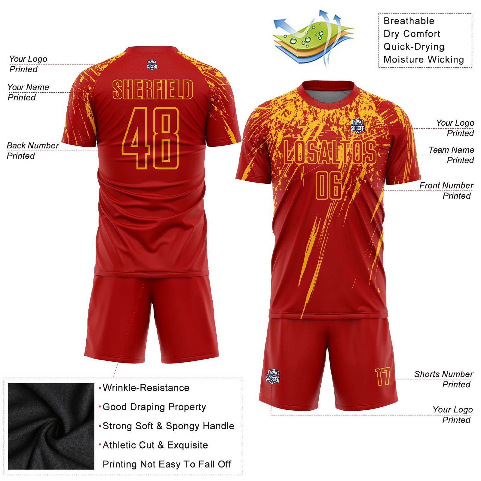 Custom Red Gold Sublimation Soccer Uniform Jersey view 3