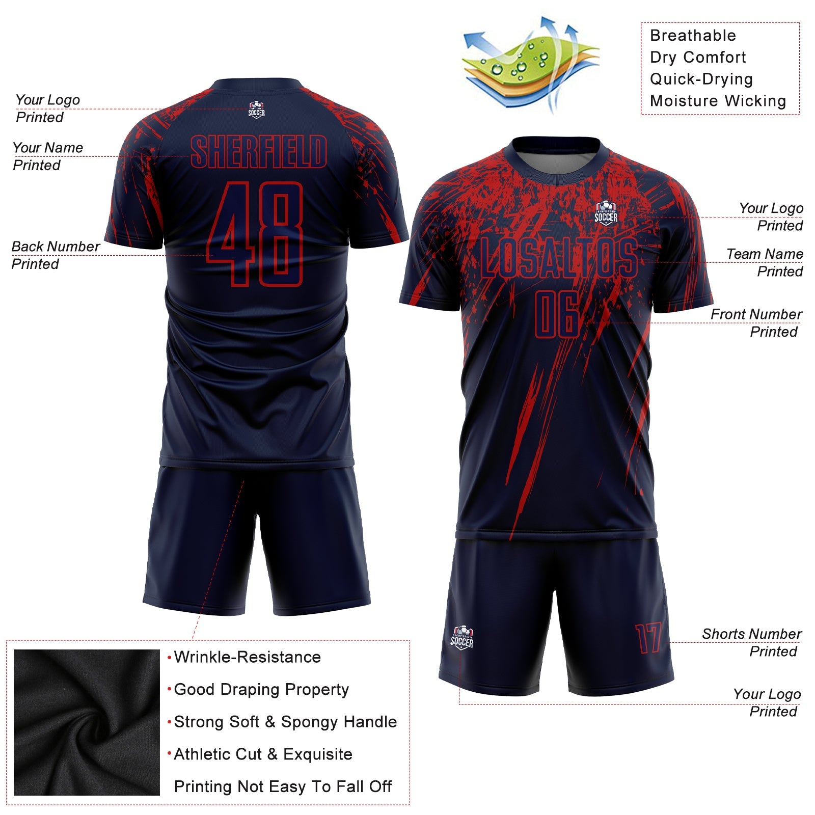 Custom Navy Red Sublimation Soccer Uniform Jersey view 3