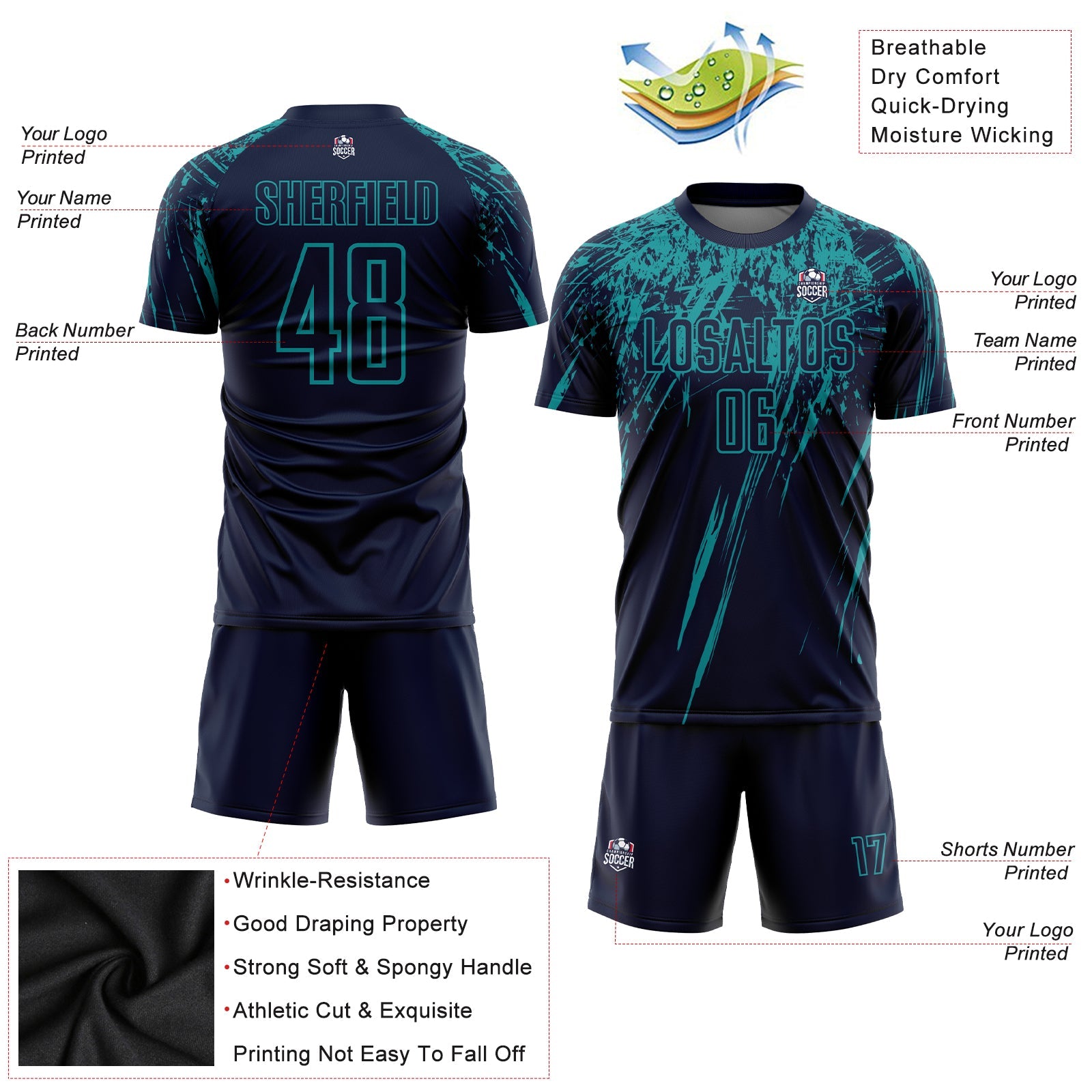 Custom Navy Teal Sublimation Soccer Uniform Jersey view 3