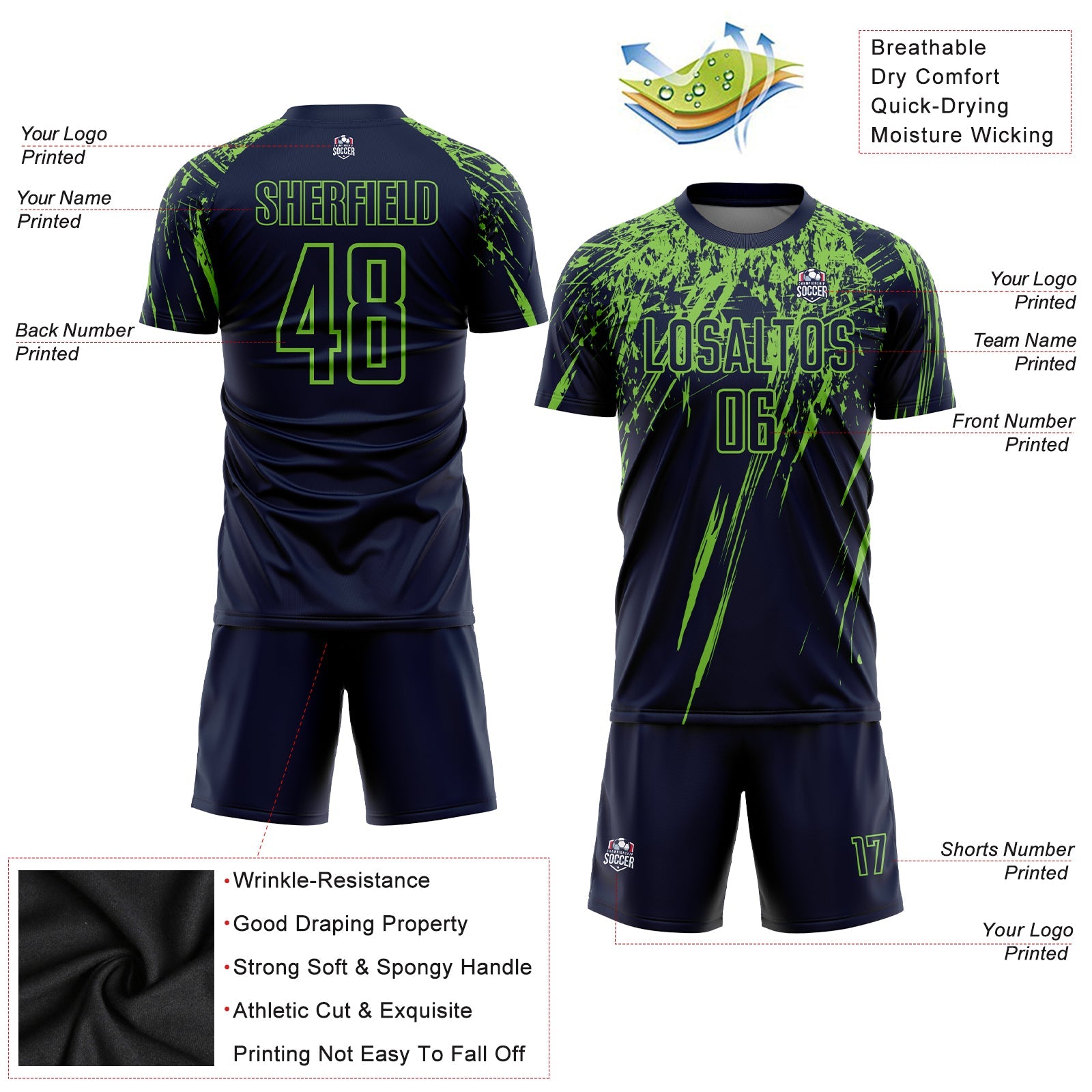 Custom Navy Neon Green Sublimation Soccer Uniform Jersey view 3