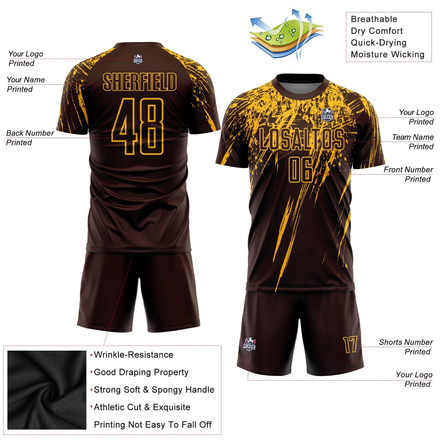 Custom Brown Gold Sublimation Soccer Uniform Jersey view 3